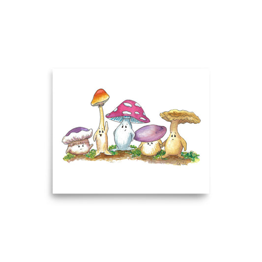 8 by 10 inch museum quality art print with giclée printing on matte paper. Original watercolor print of Mushy and his whimsical mushroom friends.