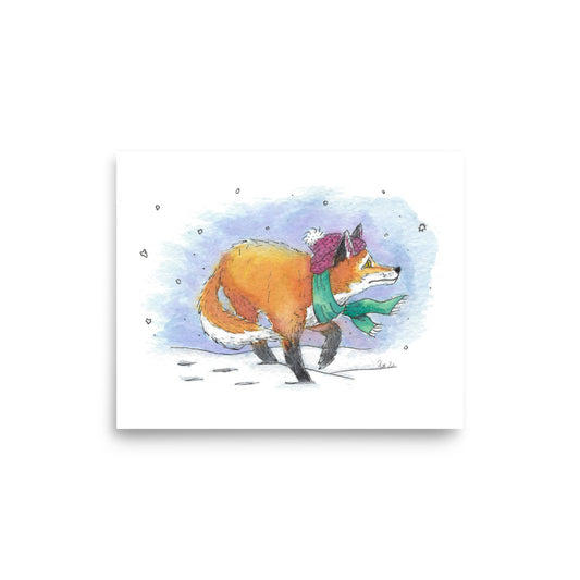 8 by 10 inch unframed art print of Heather Silver's watercolor painting, Winter Fox. Made with museum quality matte paper with giclée printing.