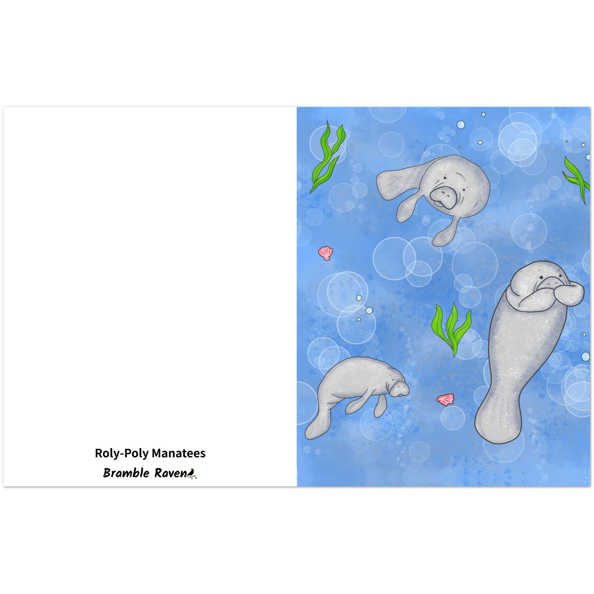 Pack of ten 4.25 x 5.5 inch greeting cards. Features illustrated roly-poly manatees on the front. Inside is blank. Made of coated paperboard. Comes with envelopes.