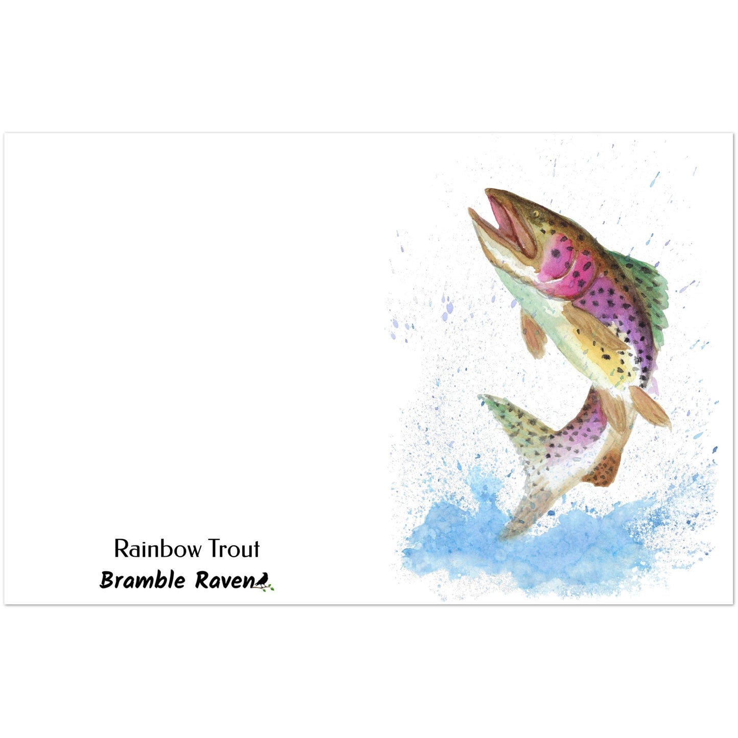 Ten greeting cards with print of watercolor rainbow trout on the front. Inside is blank. Comes with envelopes. Cards measure 4.25 by 5.5 inches. Made with 350 gsm 150lb coated paperboard with vibrant printing.