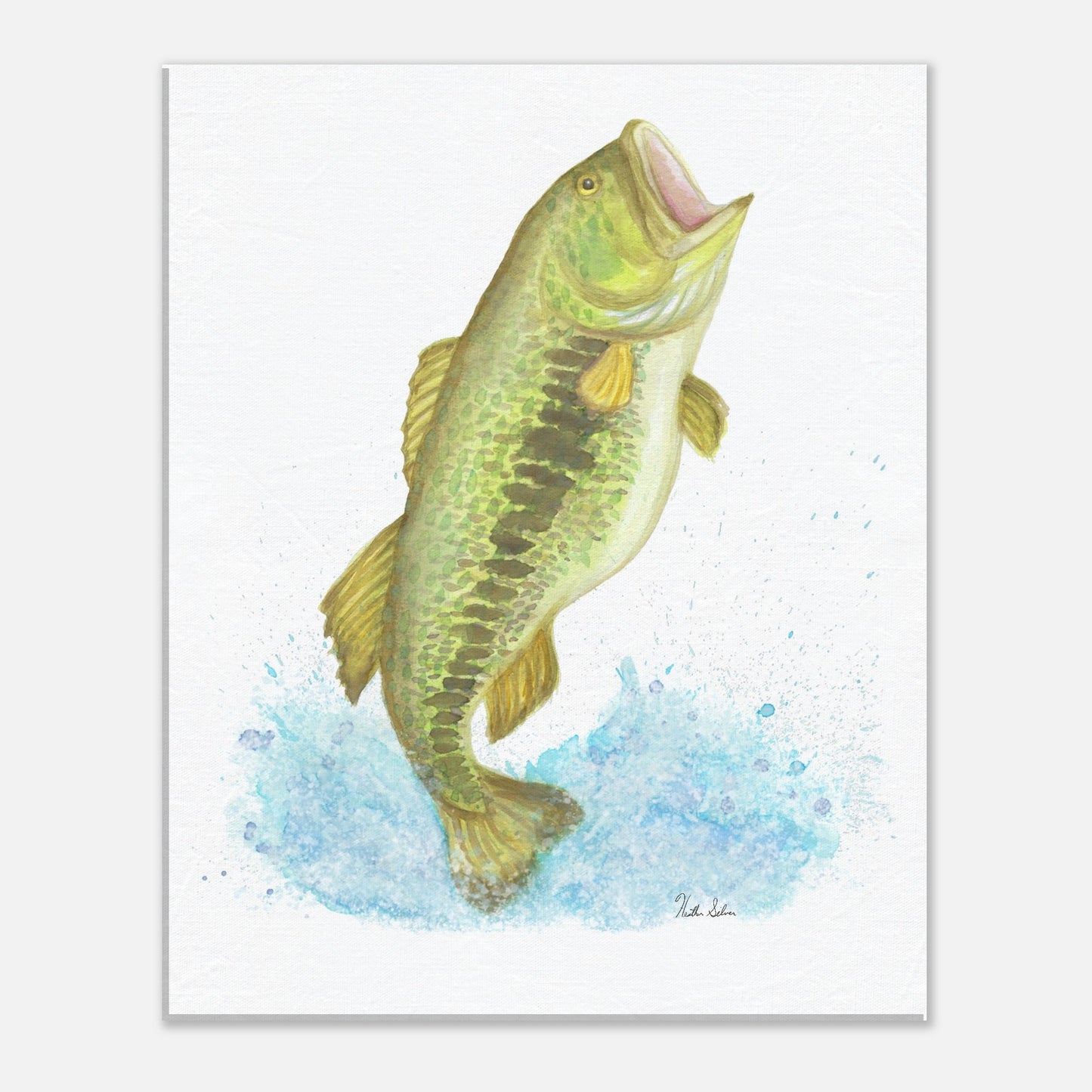 11 by 14 inch slim canvas wall art print featuring a watercolor painting of a largemouth bass leaping from the water. Hanging hardware included.