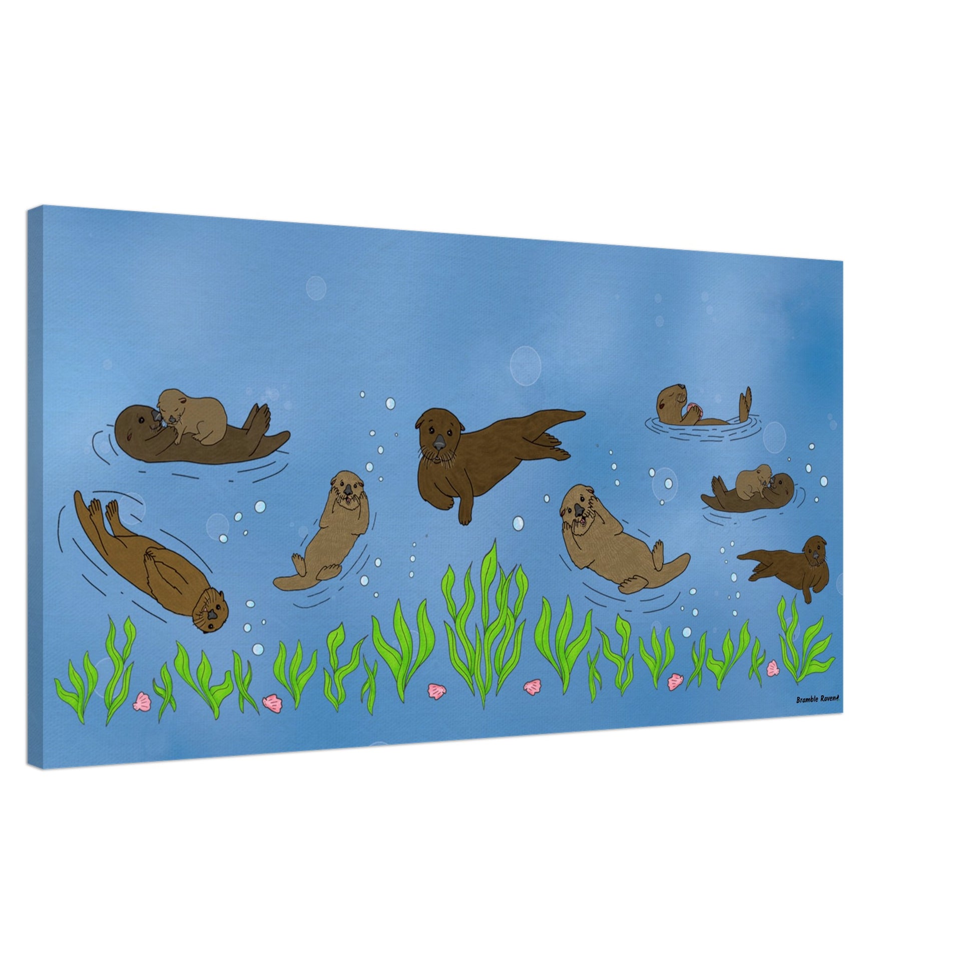 20 by 40 inch slim canvas wall art print of sea otters swimming along the seabed. Shown at an angle.