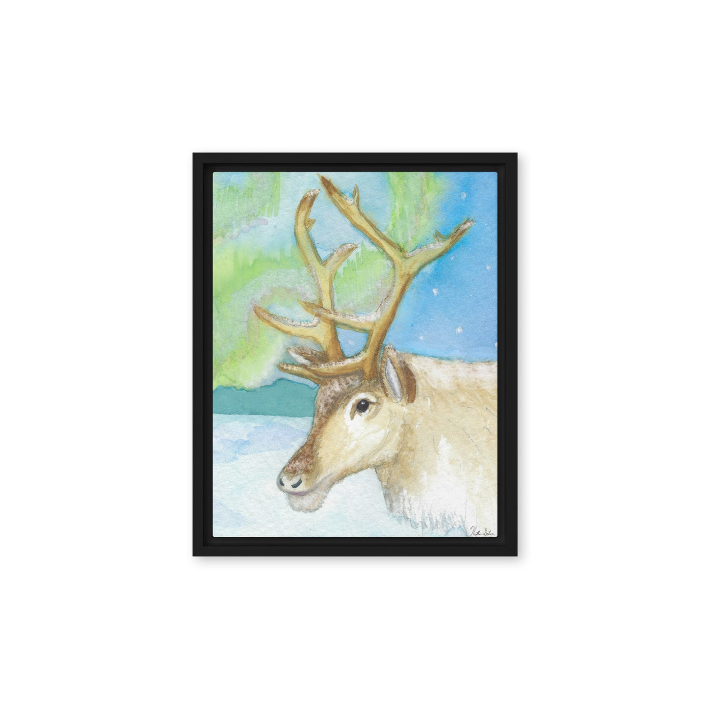 11 by 14 inch framed canvas art print of Heather Silver's Northern Lights Reindeer.  Canvas print mounted in a black pine frame. Hanging hardware included.