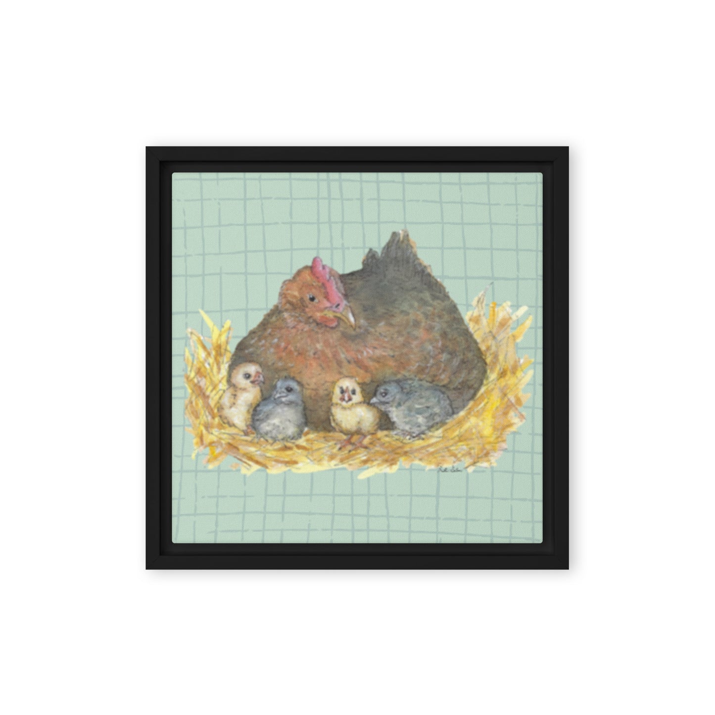 12 by 12 inch Mother Hen Floating Frame Canvas Wall Art. Heather Silver's watercolor painting, Mother Hen, with a green crosshatched background, printed on a stretched canvas and framed with a dark black pine frame. Hanging hardware included.