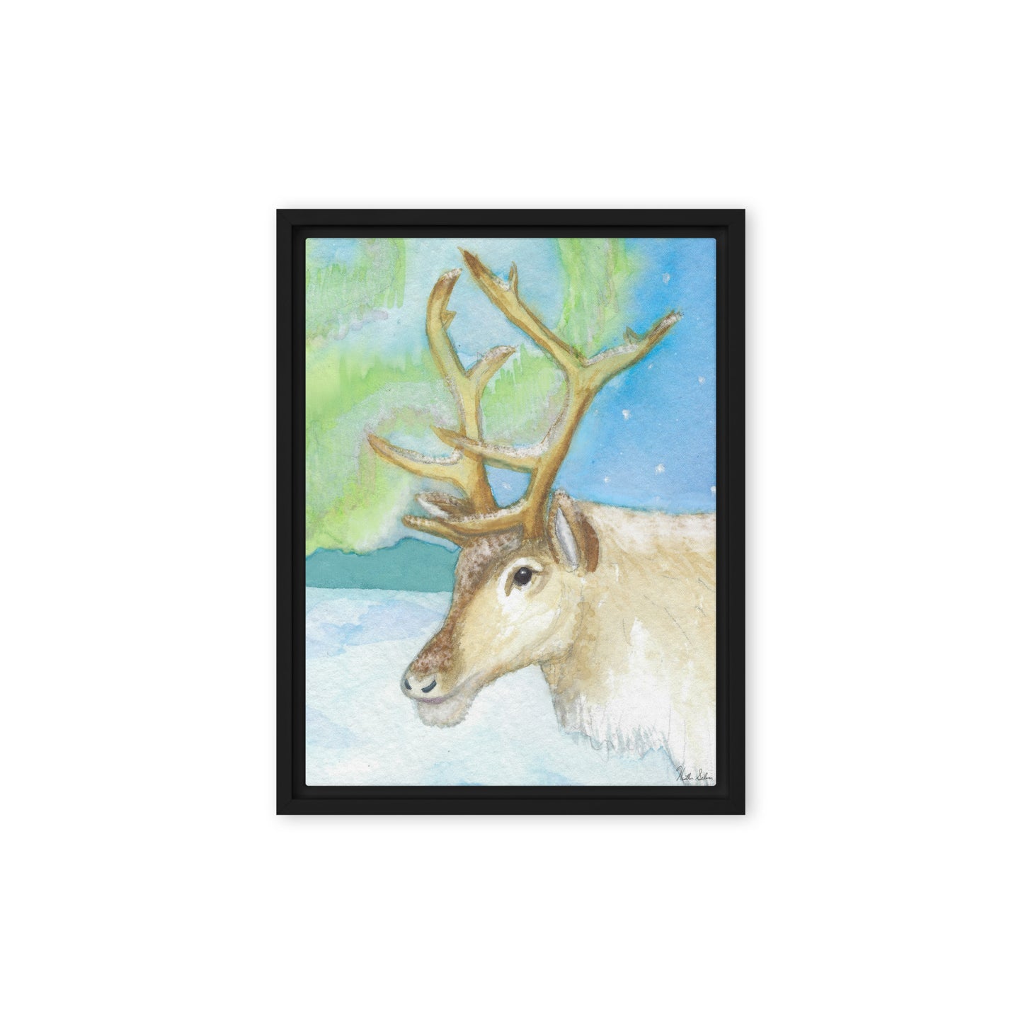 12 by 16 inch framed canvas art print of Heather Silver's Northern Lights Reindeer.  Canvas print mounted in a black pine frame. Hanging hardware included.