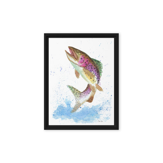 12 by 16 inch black pine wood framed floating canvas rainbow trout print. Features Heather Silver's watercolor of a colorful trout leaping from the water. Hanging hardware included.
