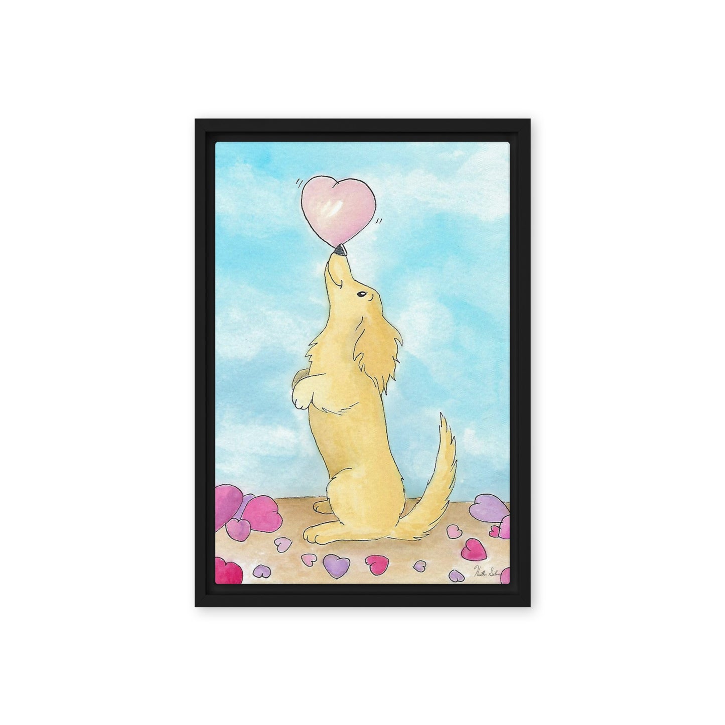 12 by 18 inch framed canvas Puppy Love print. The canvas is in a black pine wood frame.