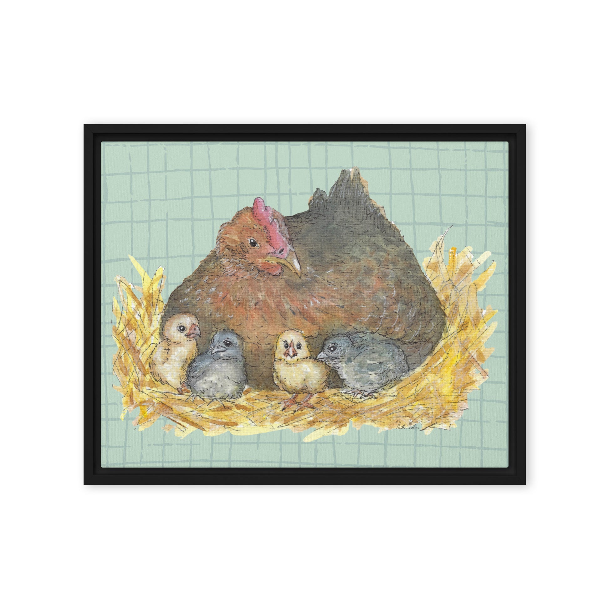 16 by 20 inch Mother Hen Floating Frame Canvas Wall Art. Heather Silver's watercolor painting, Mother Hen, with a green crosshatched background, printed on a stretched canvas and framed with a dark black pine frame. Hanging hardware included.