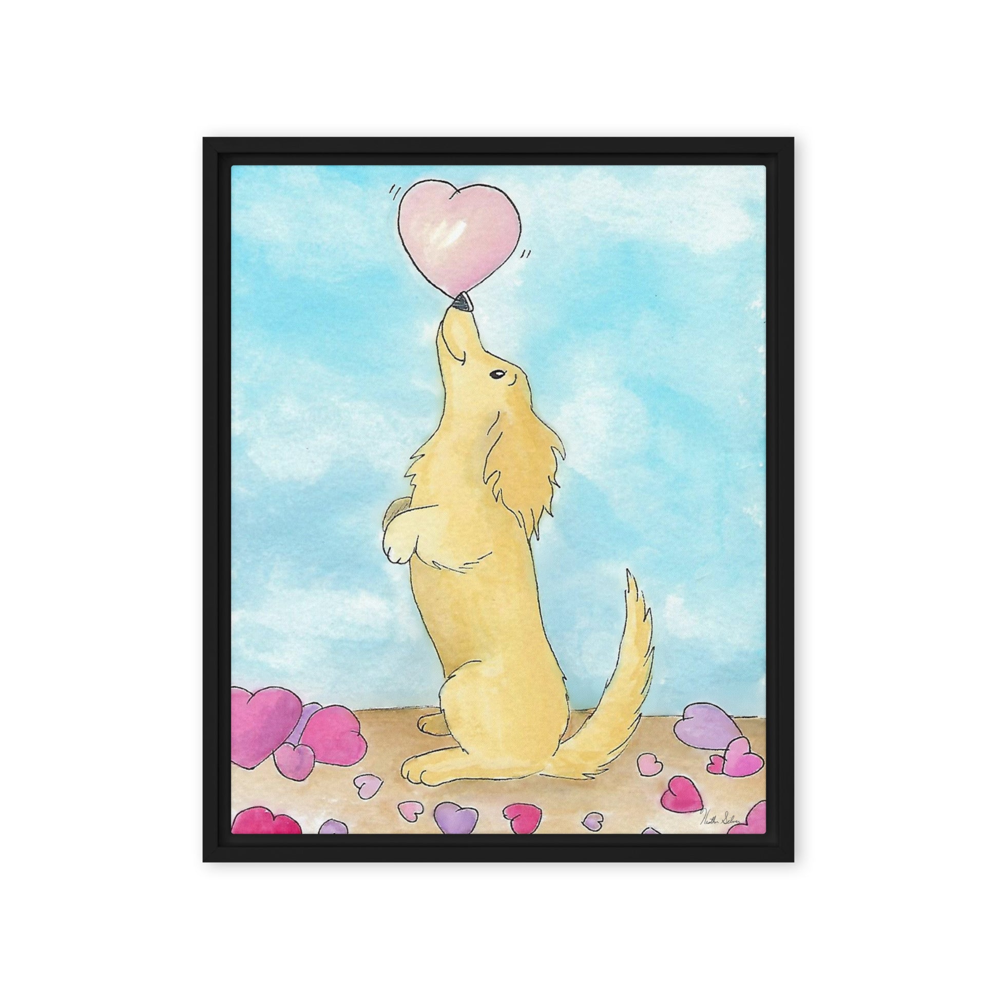 16 by 20 inch framed canvas Puppy Love print. The canvas is in a black pine wood frame.