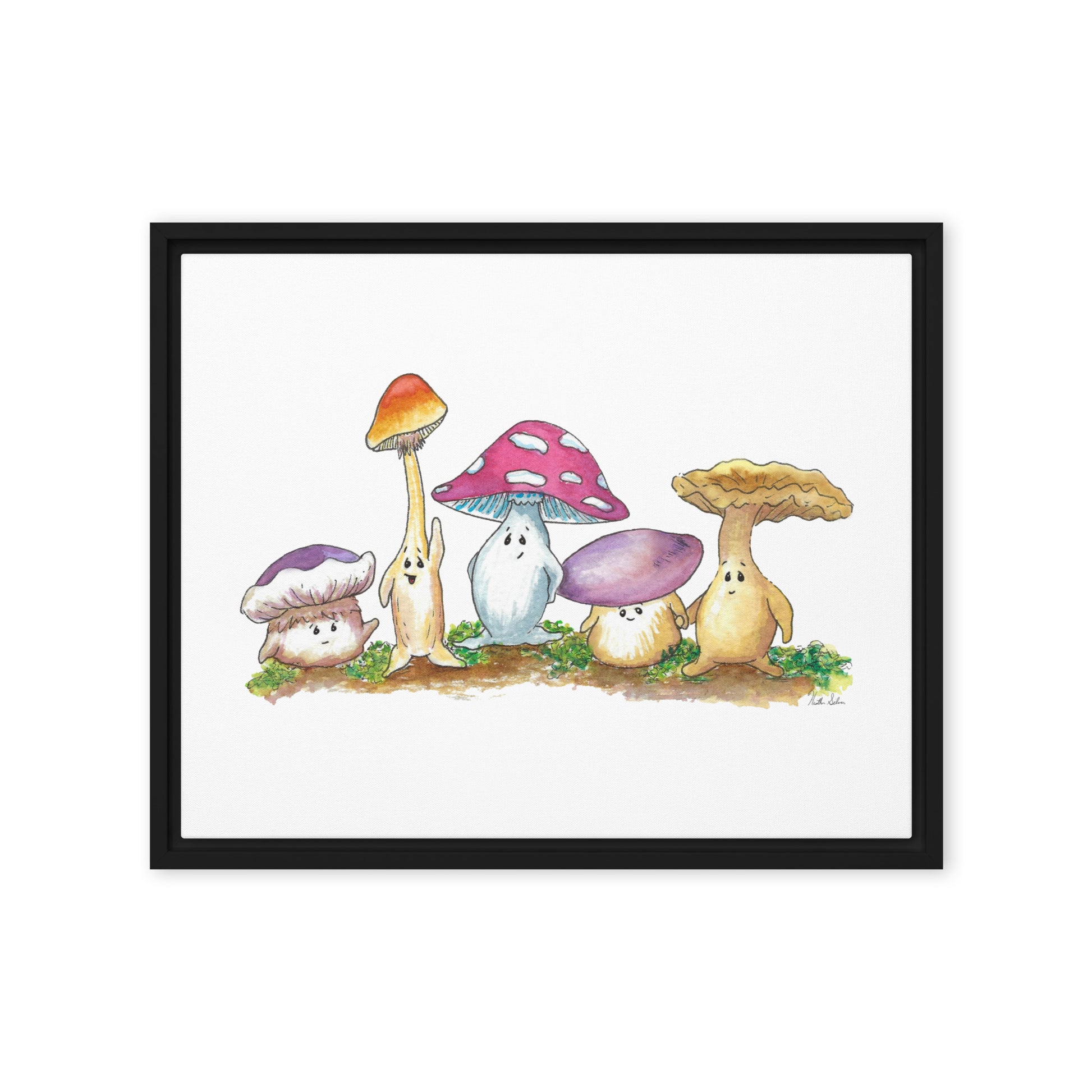 16 by 20 inch canvas print of Heather Silver's watercolor painting, Mushy and Friends. Framed in a black pine wood frame that gives it a floating canvas effect.