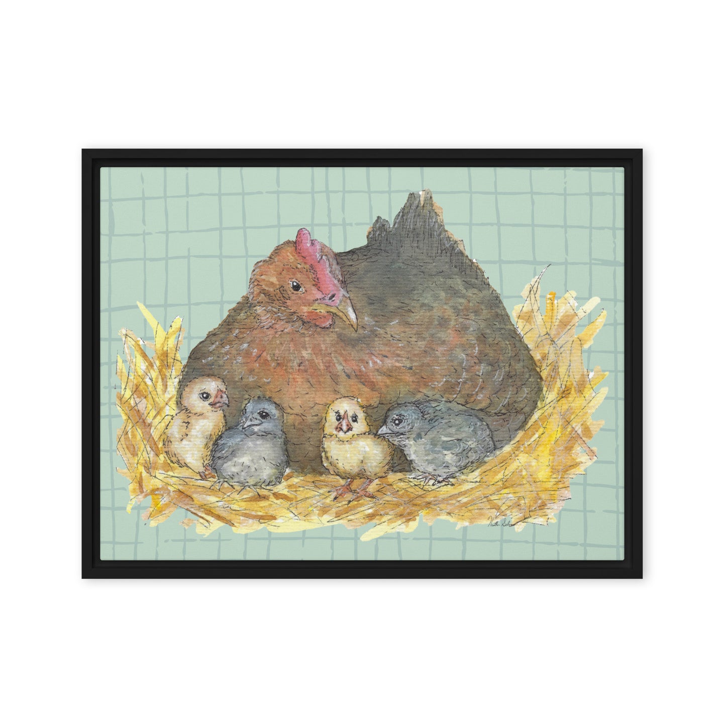 18 by 24 inch Mother Hen Floating Frame Canvas Wall Art. Heather Silver's watercolor painting, Mother Hen, with a green crosshatched background, printed on a stretched canvas and framed with a dark black pine frame. Hanging hardware included.