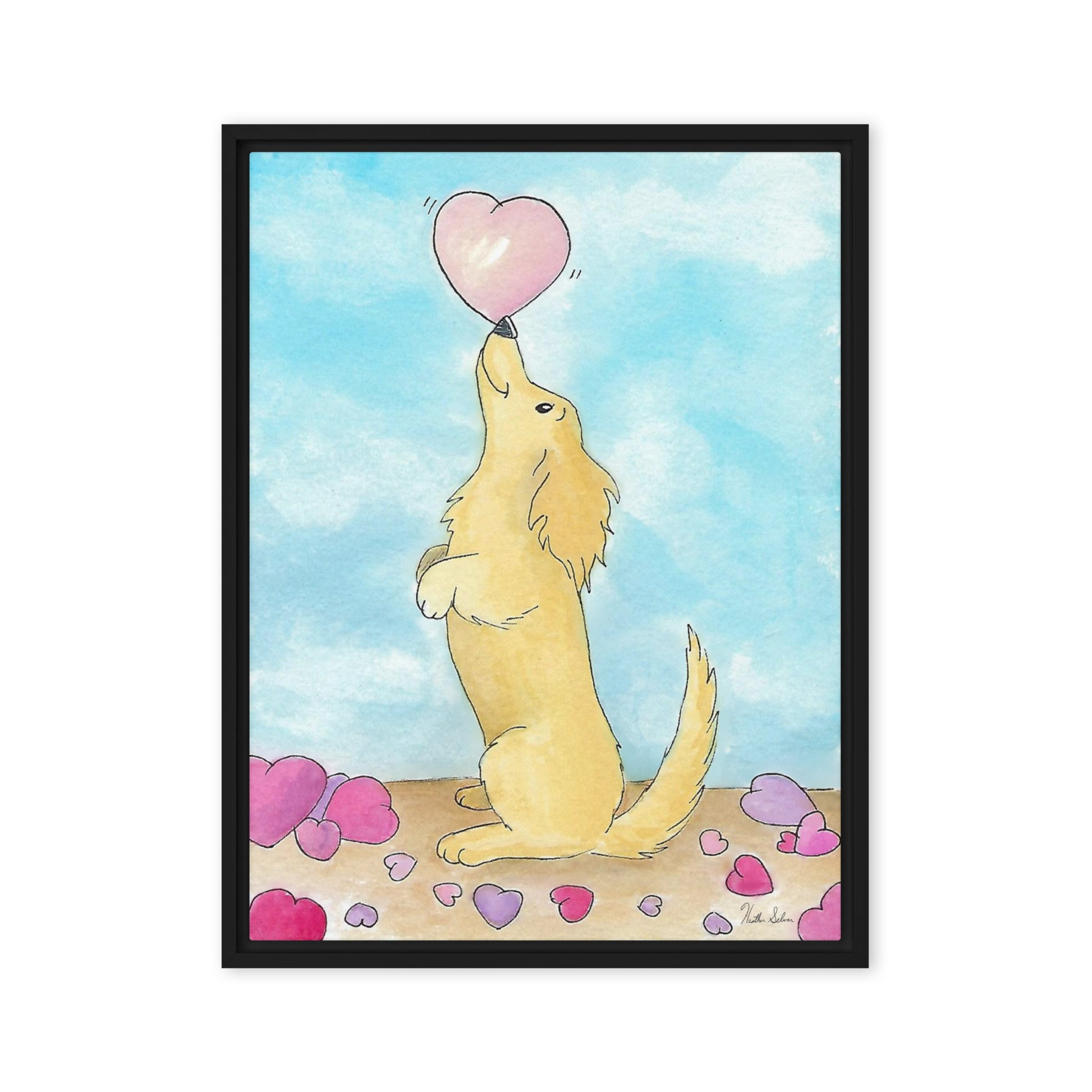 18 by 24 inch framed canvas Puppy Love print. The canvas is in a black pine wood frame.