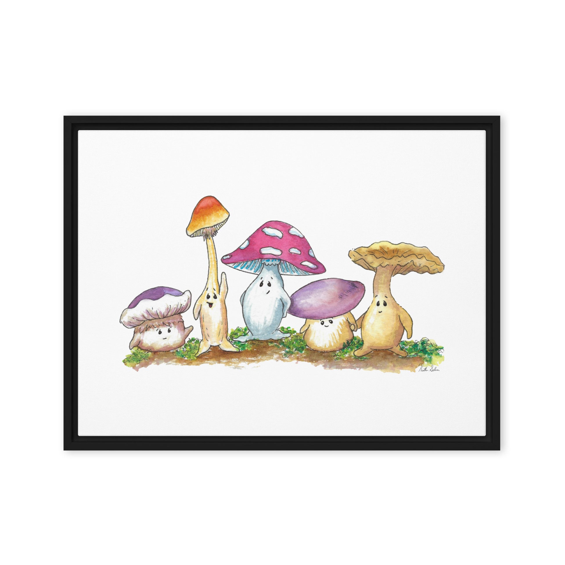 18 by 24 inch canvas print of Heather Silver's watercolor painting, Mushy and Friends. Framed in a black pine wood frame that gives it a floating canvas effect.