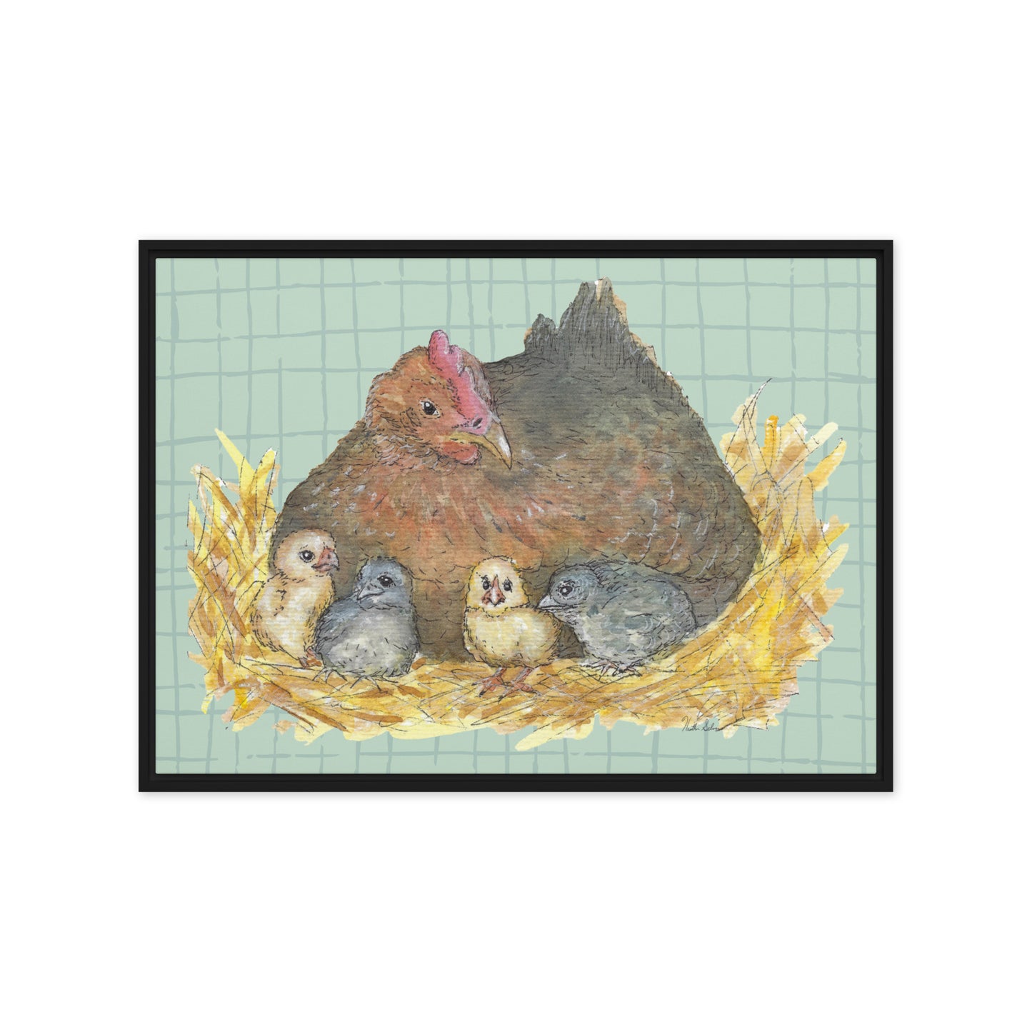 20 by 28 inch Mother Hen Floating Frame Canvas Wall Art. Heather Silver's watercolor painting, Mother Hen, with a green crosshatched background, printed on a stretched canvas and framed with a dark black pine frame. Hanging hardware included.