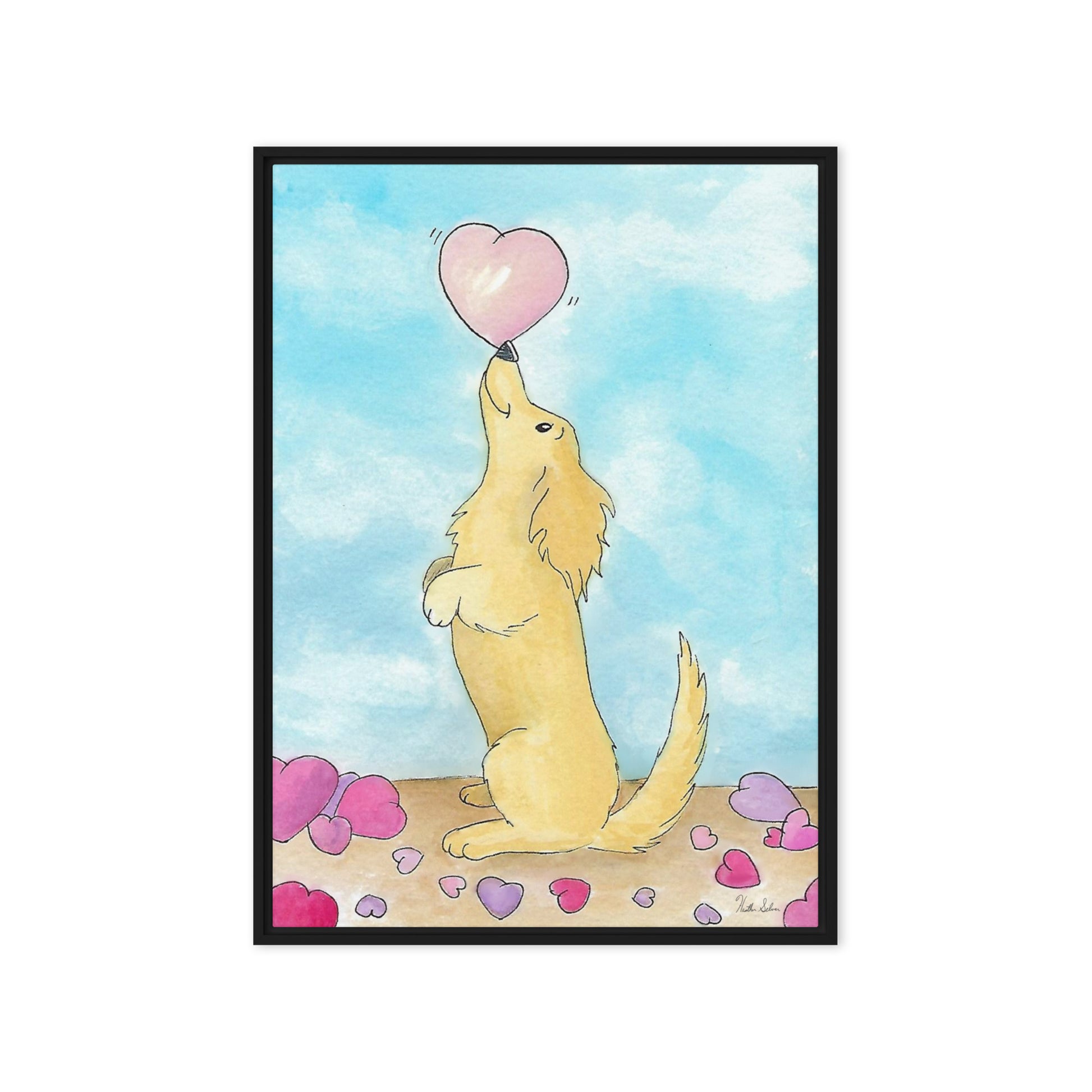20 by 28 inch framed canvas Puppy Love print. The canvas is in a black pine wood frame.