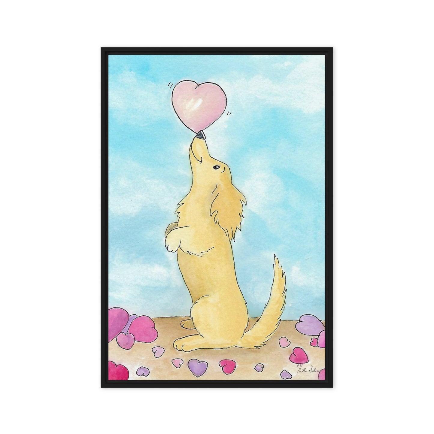 20 by 30 inch framed canvas Puppy Love print. The canvas is in a black pine wood frame.