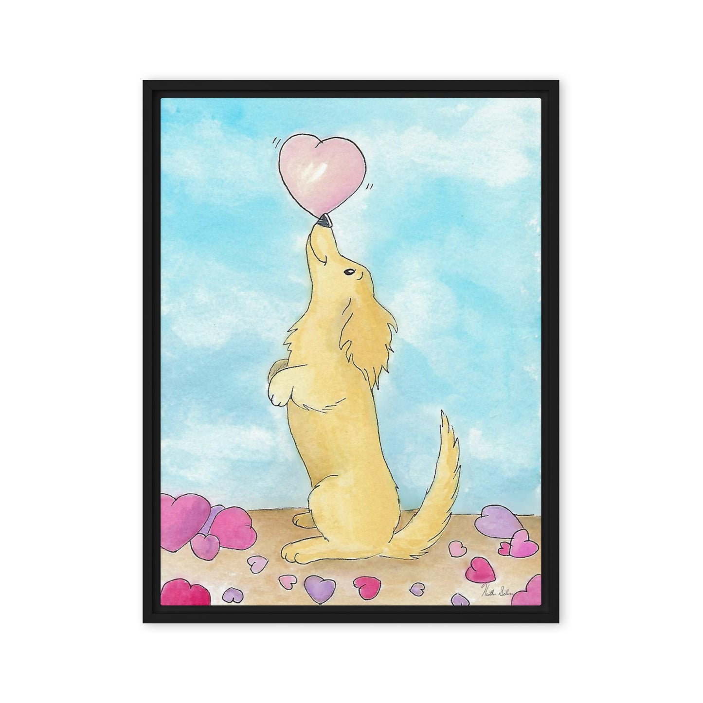 24 by 32 inch framed canvas Puppy Love print. The canvas is in a black pine wood frame.