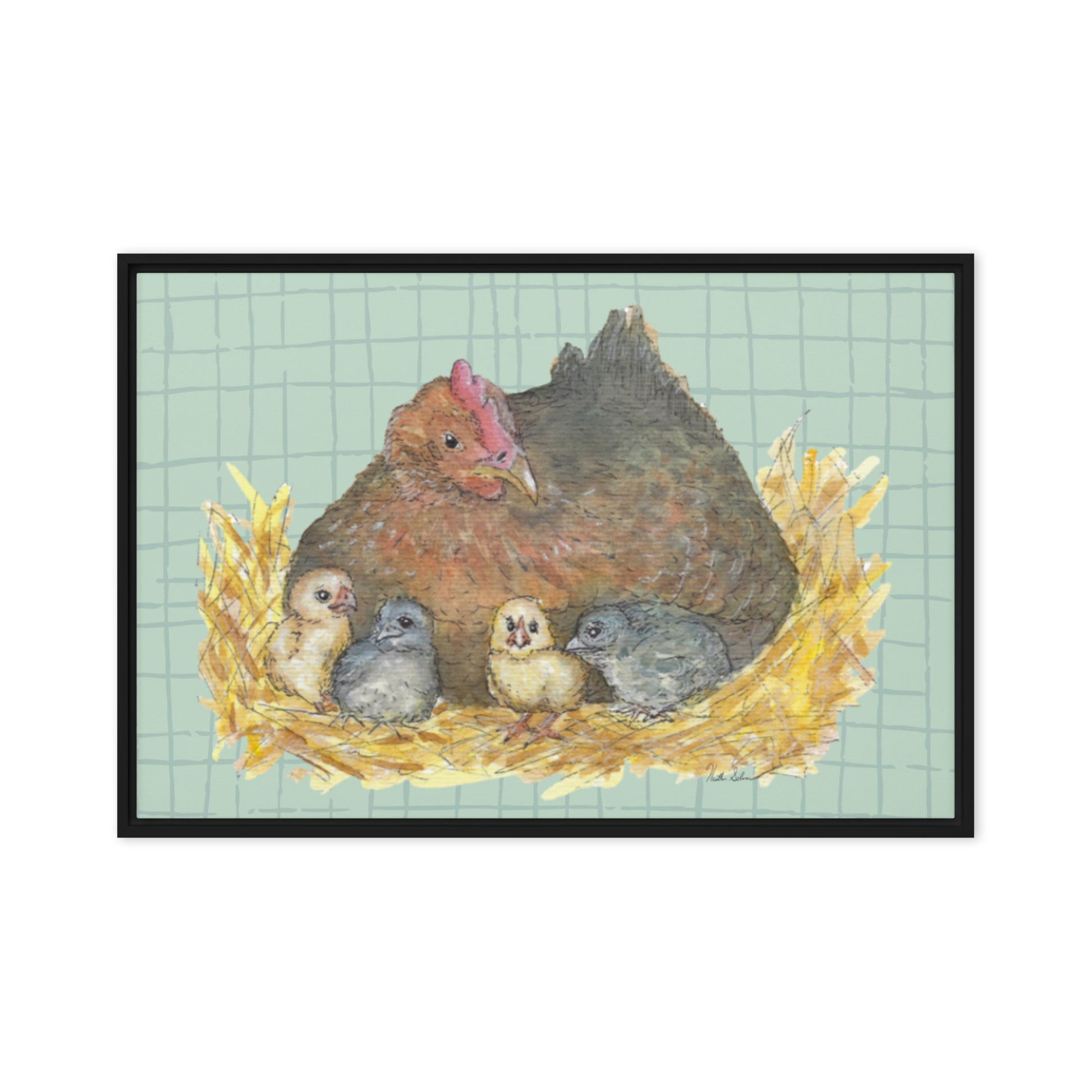 24 by 36 inch Mother Hen Floating Frame Canvas Wall Art. Heather Silver's watercolor painting, Mother Hen, with a green crosshatched background, printed on a stretched canvas and framed with a dark black pine frame. Hanging hardware included.