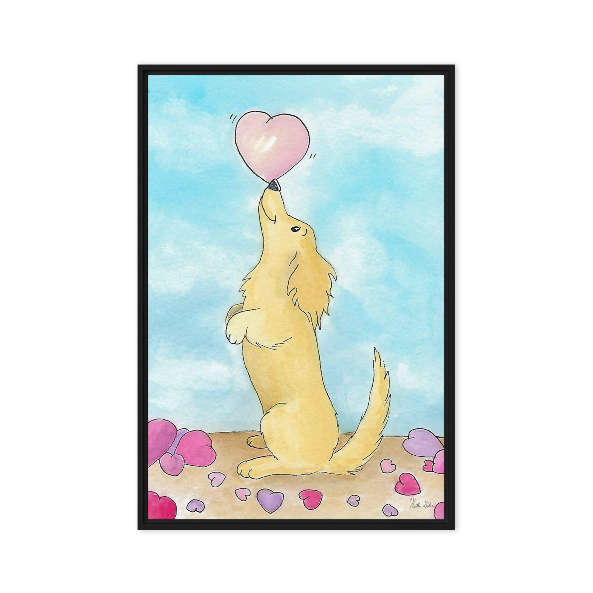 24 by 36 inch framed canvas Puppy Love print. The canvas is in a black pine wood frame.