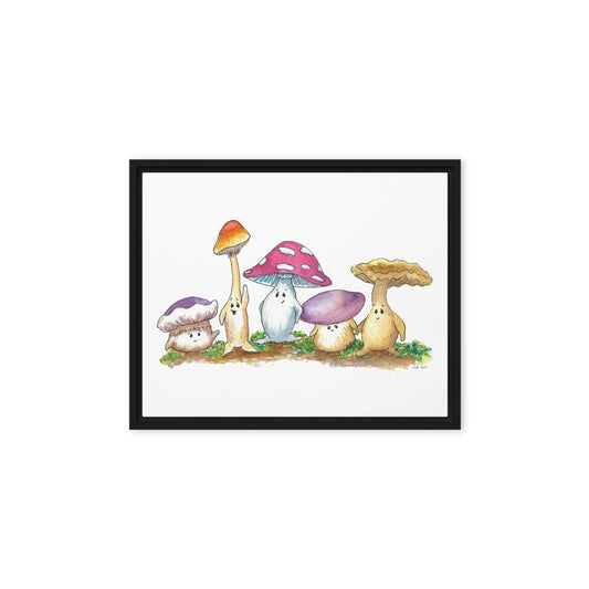 8 by 10 inch canvas print of Heather Silver's watercolor painting, Mushy and Friends. Framed in a black pine wood frame that gives it a floating canvas effect.