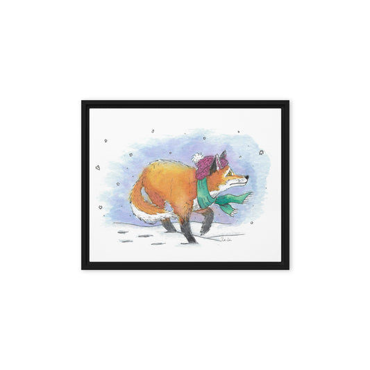 8 by 10 inch canvas print of Heather Silver's watercolor painting, Winter Fox. Framed in a dark black pine wood frame that gives it a floating canvas effect.