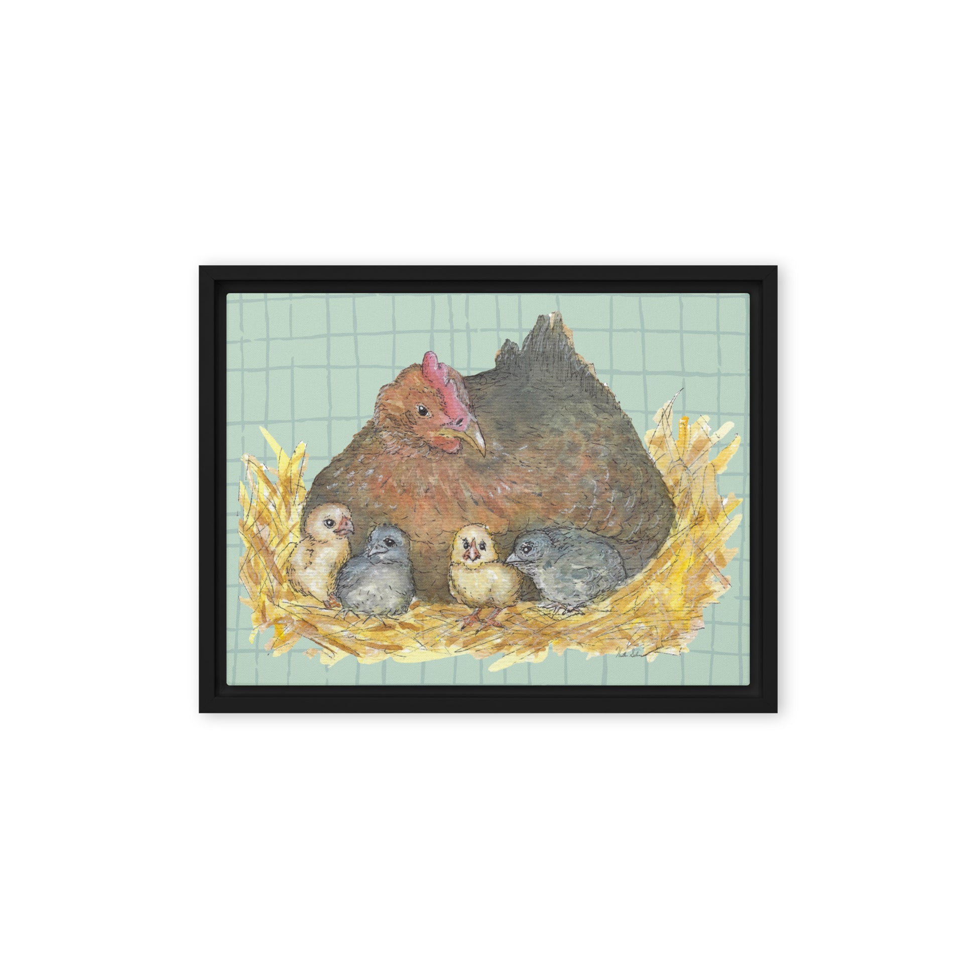 9 by 12 inch Mother Hen Floating Frame Canvas Wall Art. Heather Silver's watercolor painting, Mother Hen, with a green crosshatched background, printed on a stretched canvas and framed with a dark black pine frame. Hanging hardware included.