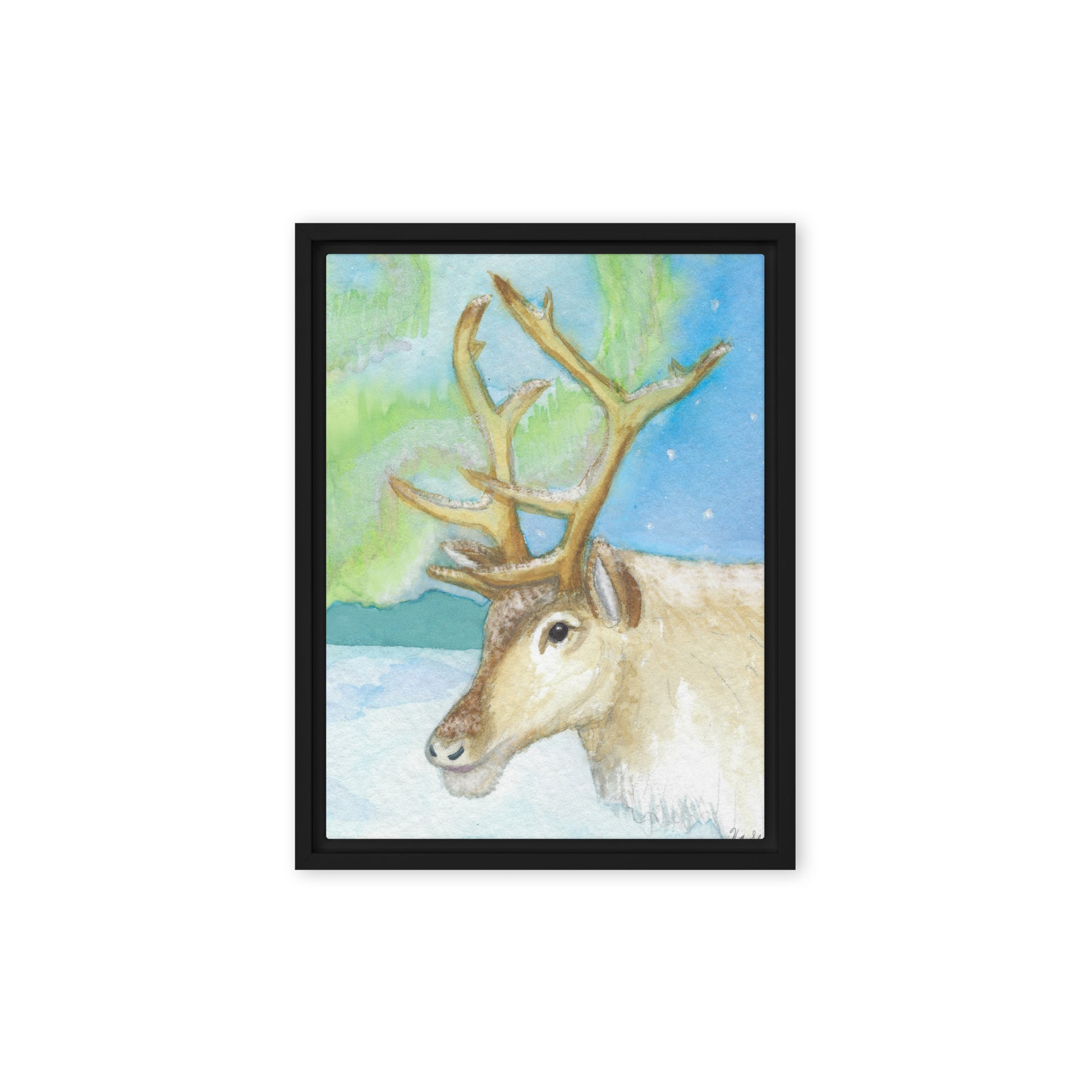 9 by 12 inch framed canvas art print of Heather Silver's Northern Lights Reindeer.  Canvas print mounted in a black pine frame. Hanging hardware included.