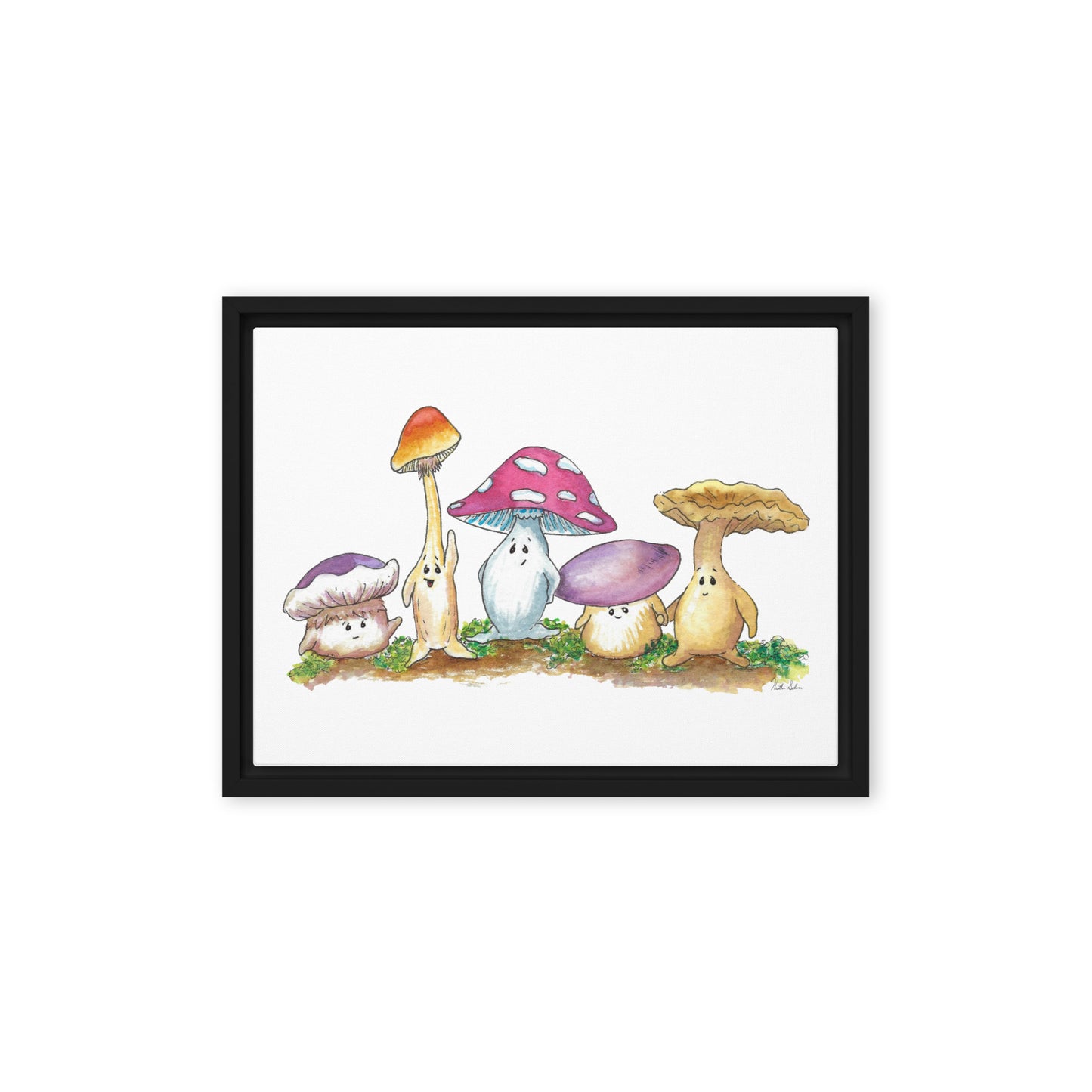 9 by 12 inch canvas print of Heather Silver's watercolor painting, Mushy and Friends. Framed in a black pine wood frame that gives it a floating canvas effect.