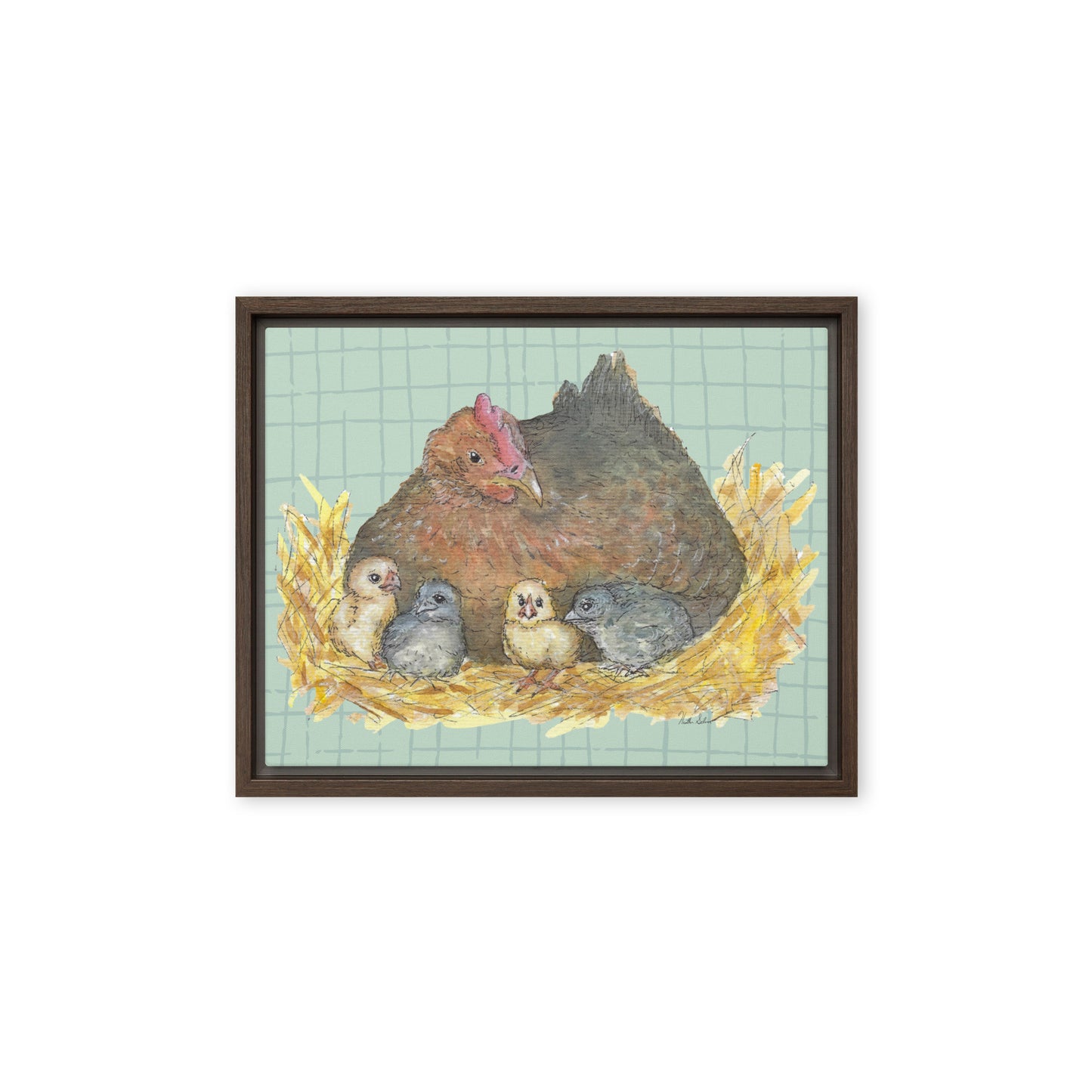 11 by 14 inch Mother Hen Floating Frame Canvas Wall Art. Heather Silver's watercolor painting, Mother Hen, with a green crosshatched background, printed on a stretched canvas and framed with a dark brown pine frame. Hanging hardware included.