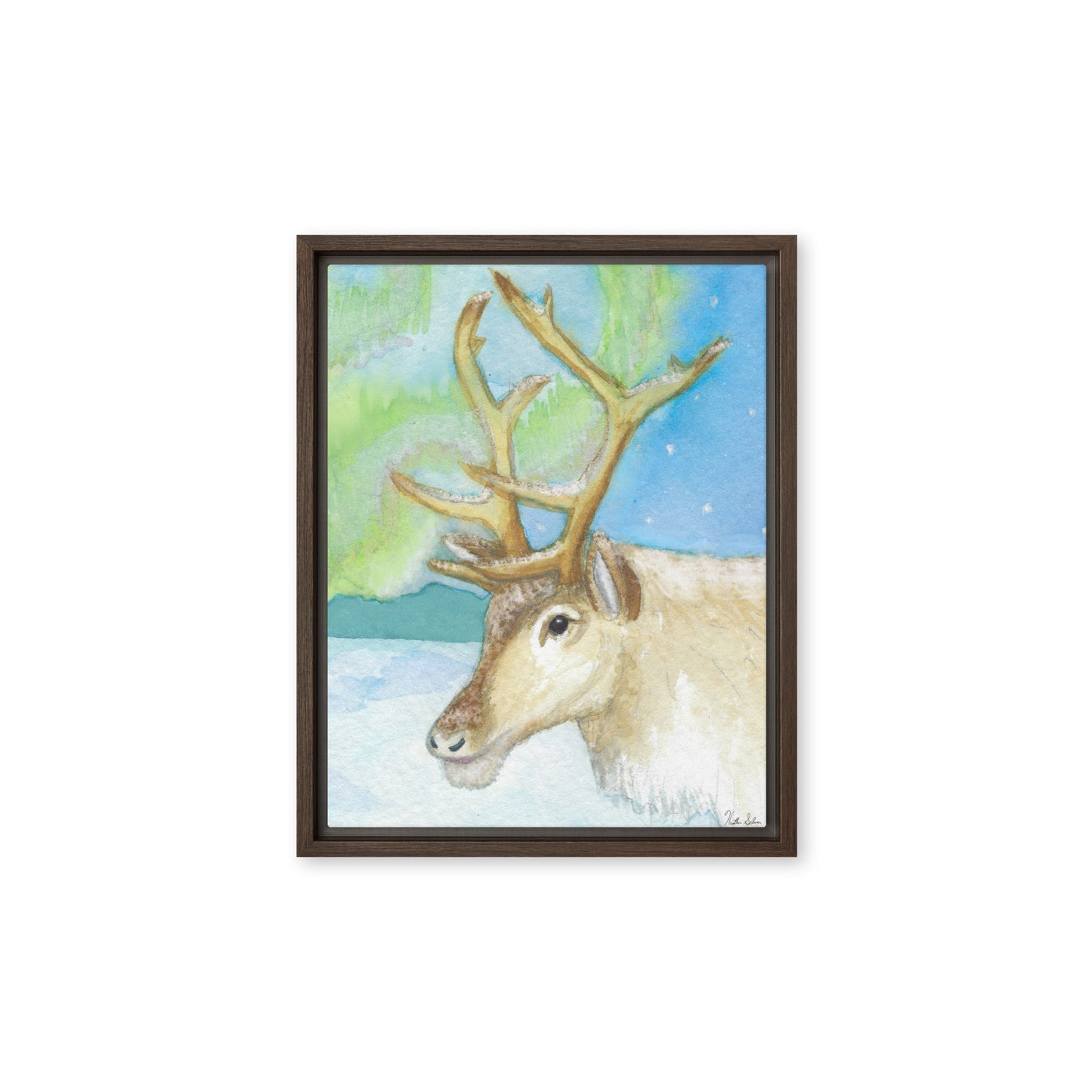 11 by 14 inch framed canvas art print of Heather Silver's Northern Lights Reindeer.  Canvas print mounted in a brown pine frame. Hanging hardware included.