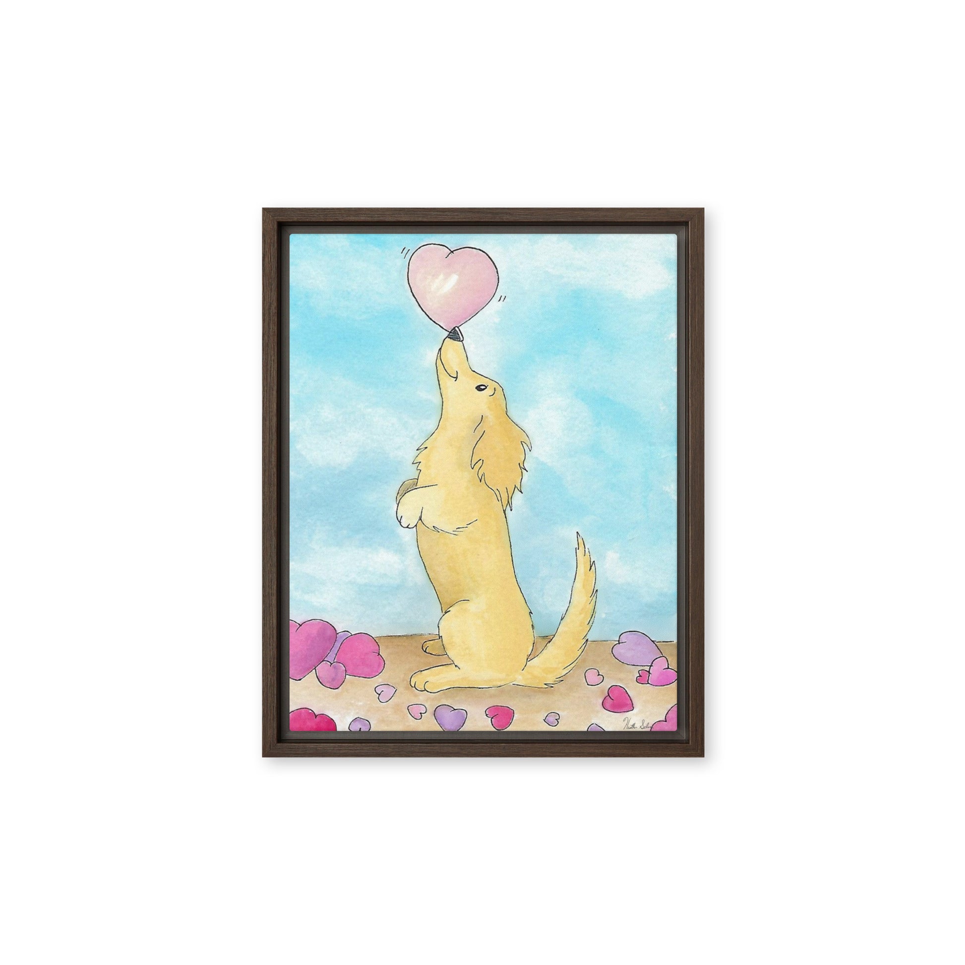 11 by 14 inch framed canvas Puppy Love print. The canvas is in a brown pine wood frame.