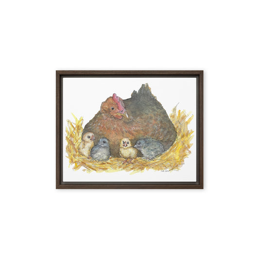 11 by 14 inch Mother Hen framed floating canvas print. Heather Silver's watercolor painting, Mother Hen, printed on a stretched canvas and framed with a dark brown pine frame.