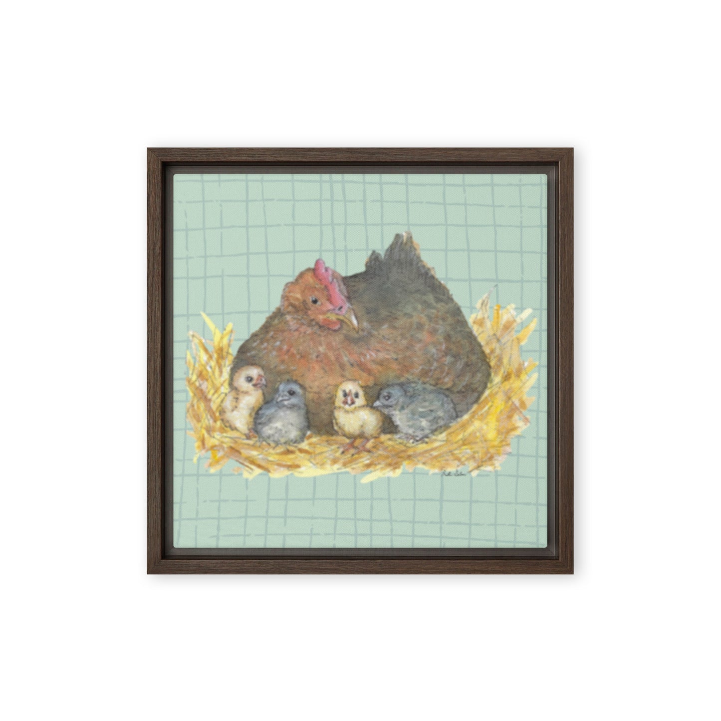 12 by 12 inch Mother Hen Floating Frame Canvas Wall Art. Heather Silver's watercolor painting, Mother Hen, with a green crosshatched background, printed on a stretched canvas and framed with a dark brown pine frame. Hanging hardware included.
