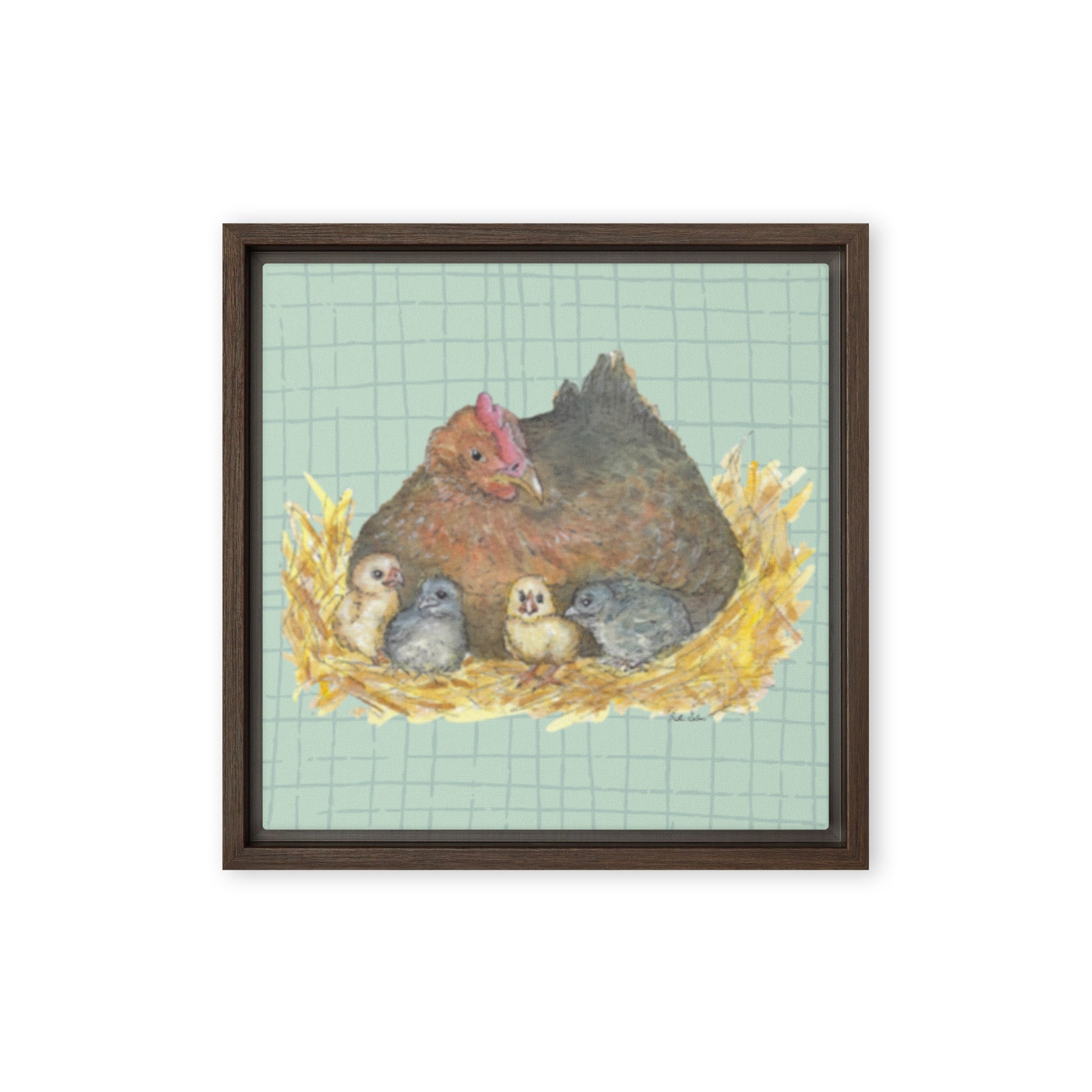12 by 12 inch Mother Hen Floating Frame Canvas Wall Art. Heather Silver's watercolor painting, Mother Hen, with a green crosshatched background, printed on a stretched canvas and framed with a dark brown pine frame. Hanging hardware included.