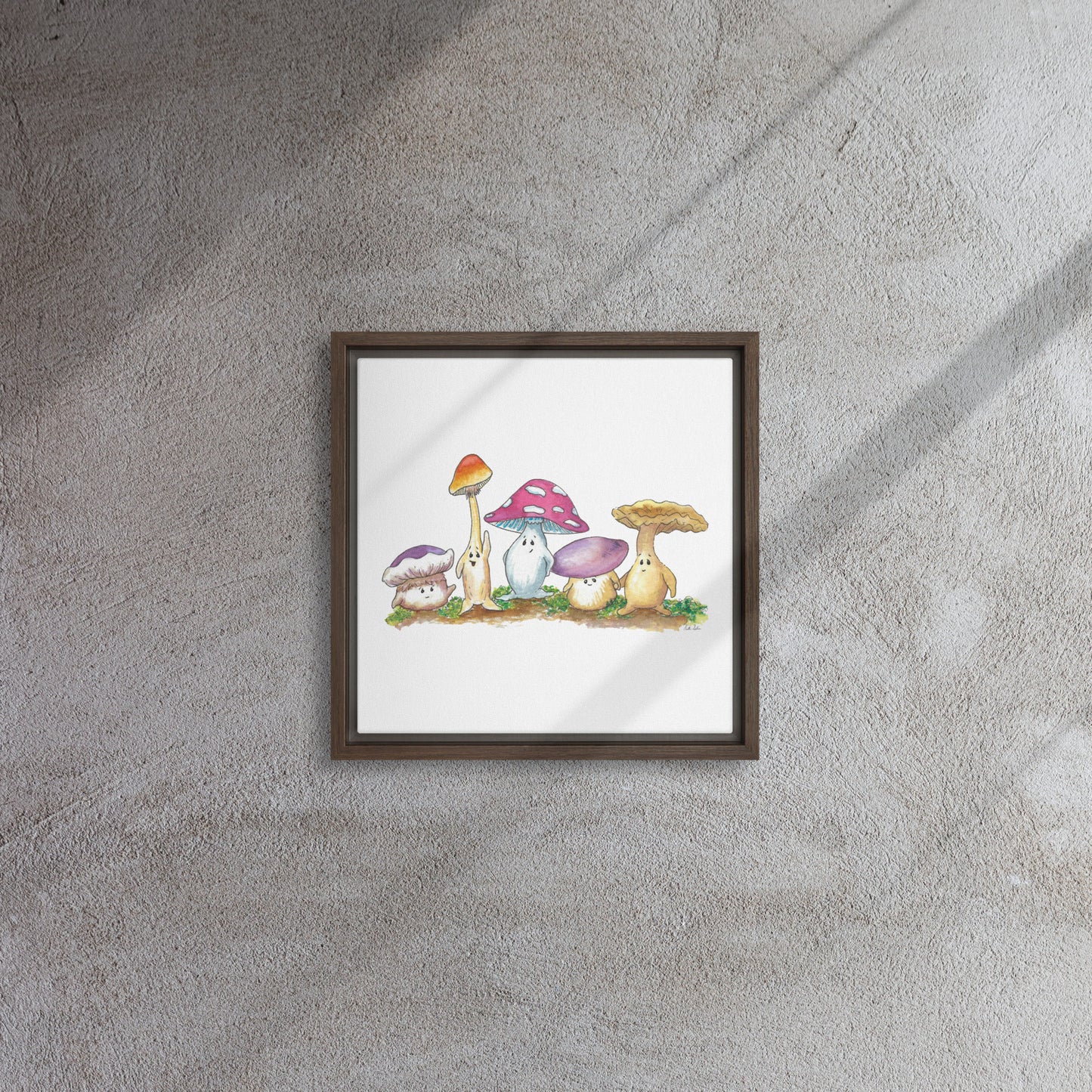 12 by 12 inch canvas print of Heather Silver's watercolor painting, Mushy and Friends. Framed in a dark brown pine wood frame that gives it a floating canvas effect. Shown on carpet with natural lighting.