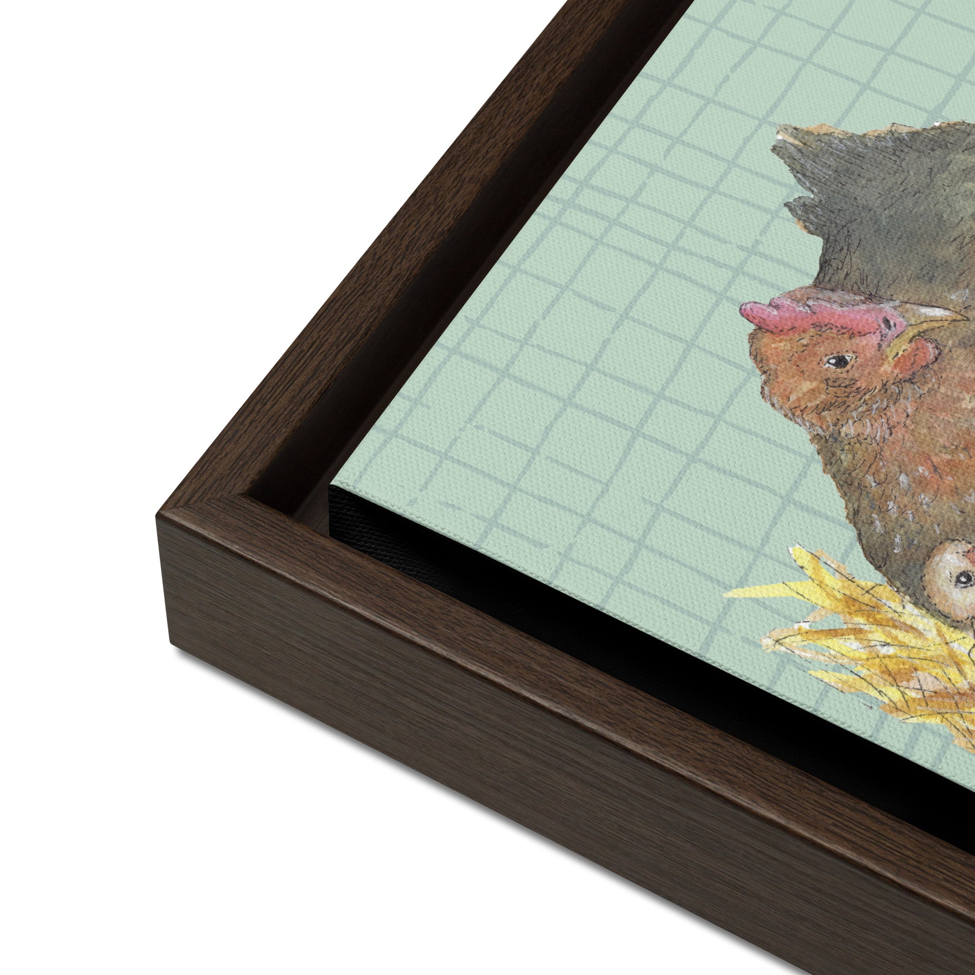 12 by 12 inch Mother Hen Floating Frame Canvas Wall Art. Heather Silver's watercolor painting, Mother Hen, with a green crosshatched background, printed on a stretched canvas and framed with a dark brown pine frame. Hanging hardware included. Detail view of frame.