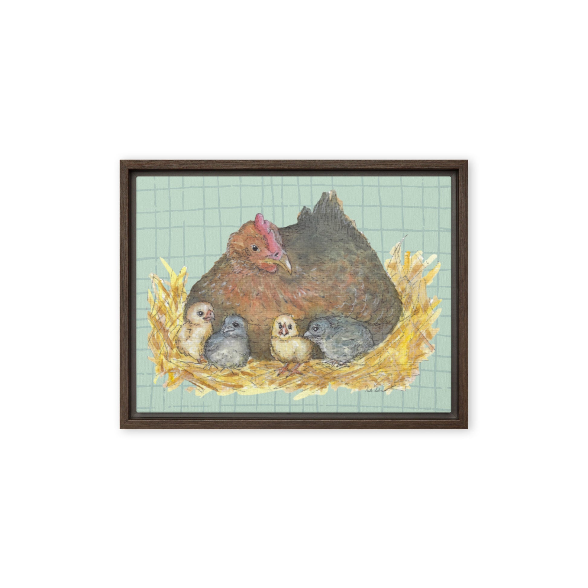 12 by 16 inch Mother Hen Floating Frame Canvas Wall Art. Heather Silver's watercolor painting, Mother Hen, with a green crosshatched background, printed on a stretched canvas and framed with a dark brown pine frame. Hanging hardware included.