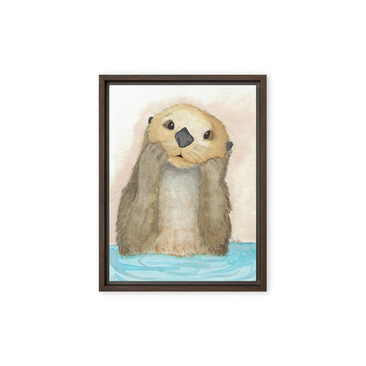 12 by 16 inch brown pine wood framed canvas print of Heather Silver's watercolor, Otter Amazement.