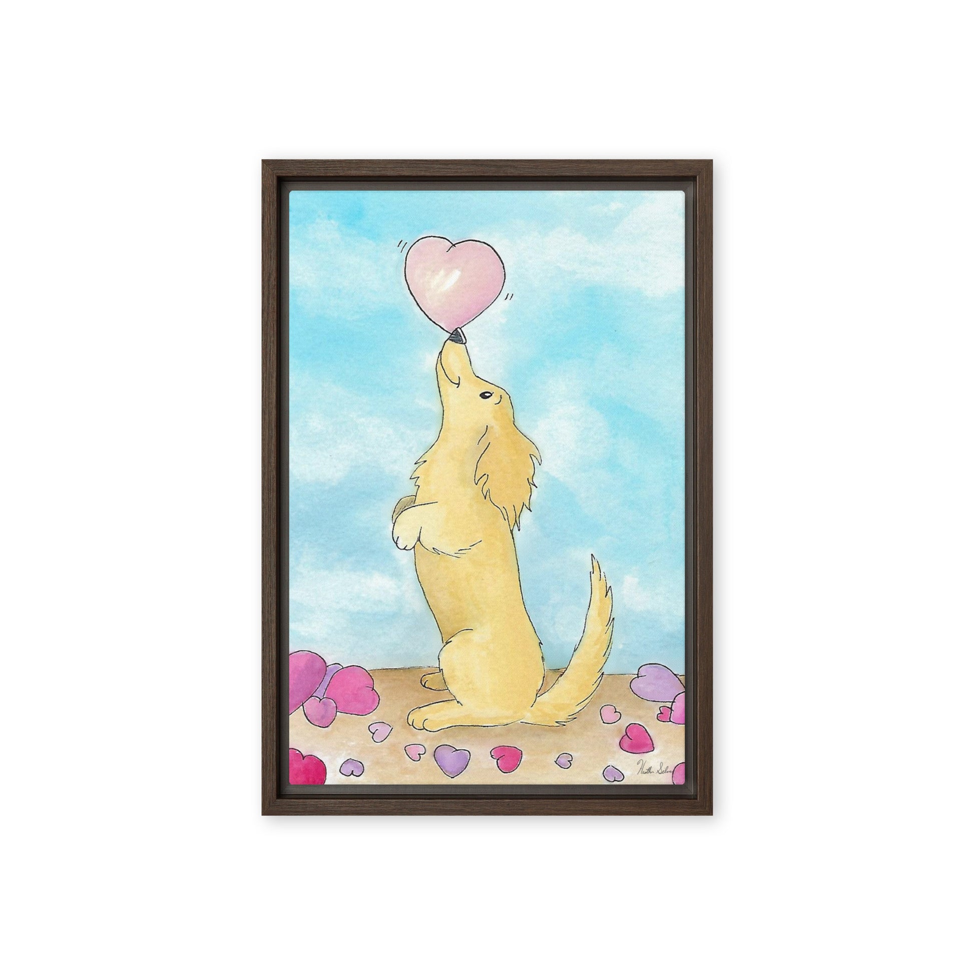 12 by 18 inch framed canvas Puppy Love print. The canvas is in a brown pine wood frame.
