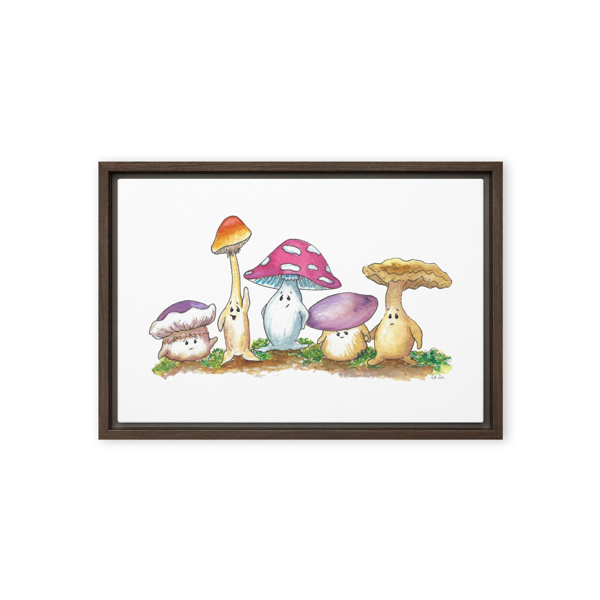 12 by 18 inch canvas print of Heather Silver's watercolor painting, Mushy and Friends. Framed in a dark brown pine wood frame that gives it a floating canvas effect.