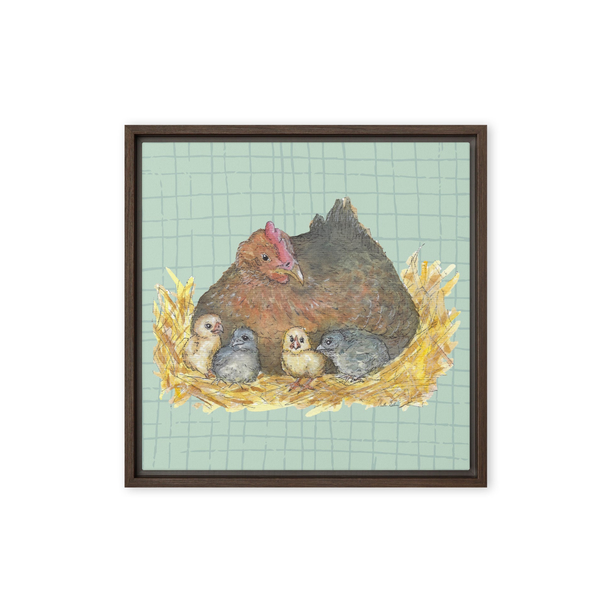 16 by 16 inch Mother Hen Floating Frame Canvas Wall Art. Heather Silver's watercolor painting, Mother Hen, with a green crosshatched background, printed on a stretched canvas and framed with a dark brown pine frame. Hanging hardware included.