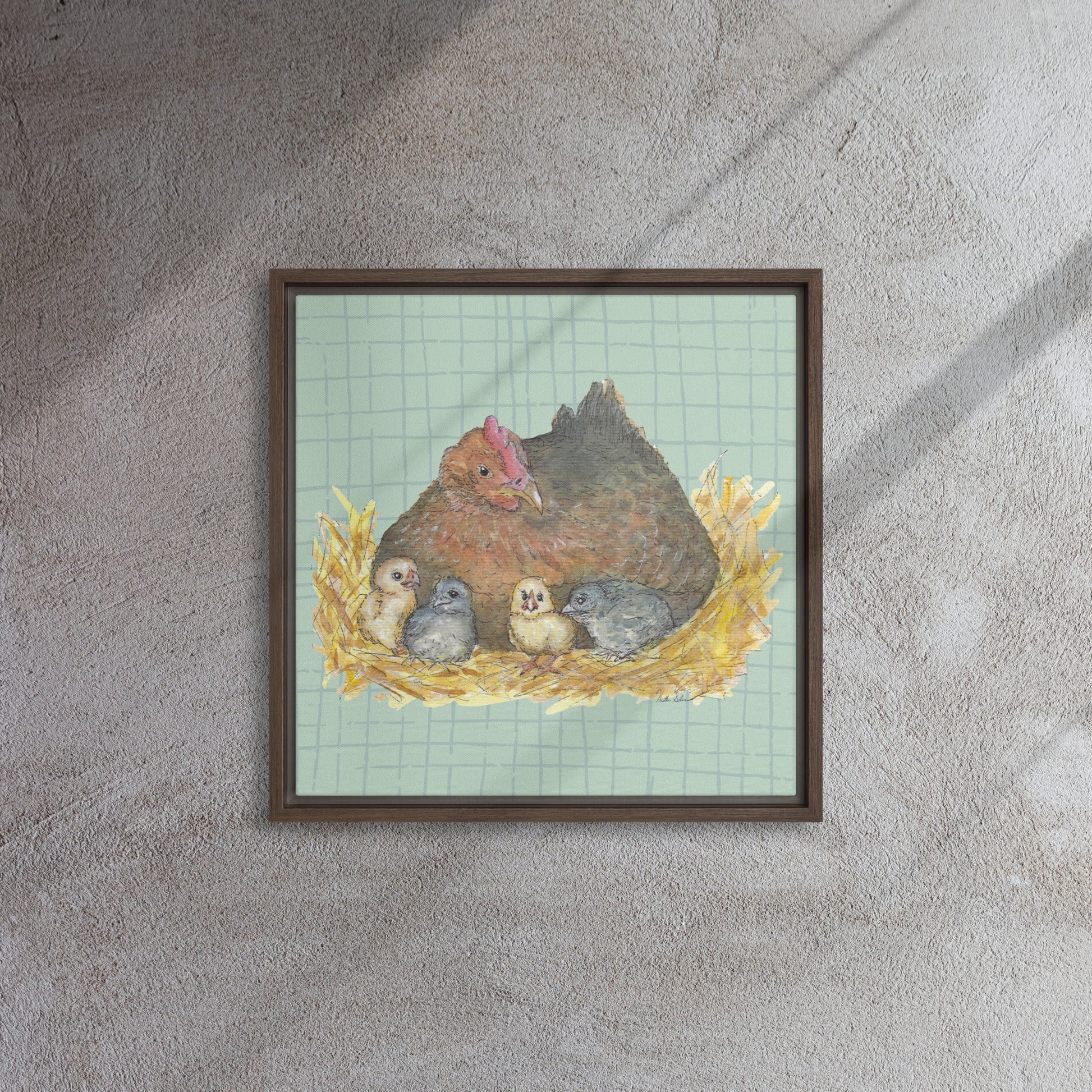 16 by 16 inch Mother Hen Floating Frame Canvas Wall Art. Heather Silver's watercolor painting, Mother Hen, with a green crosshatched background, printed on a stretched canvas and framed with a dark brown pine frame. Shown on carpet.