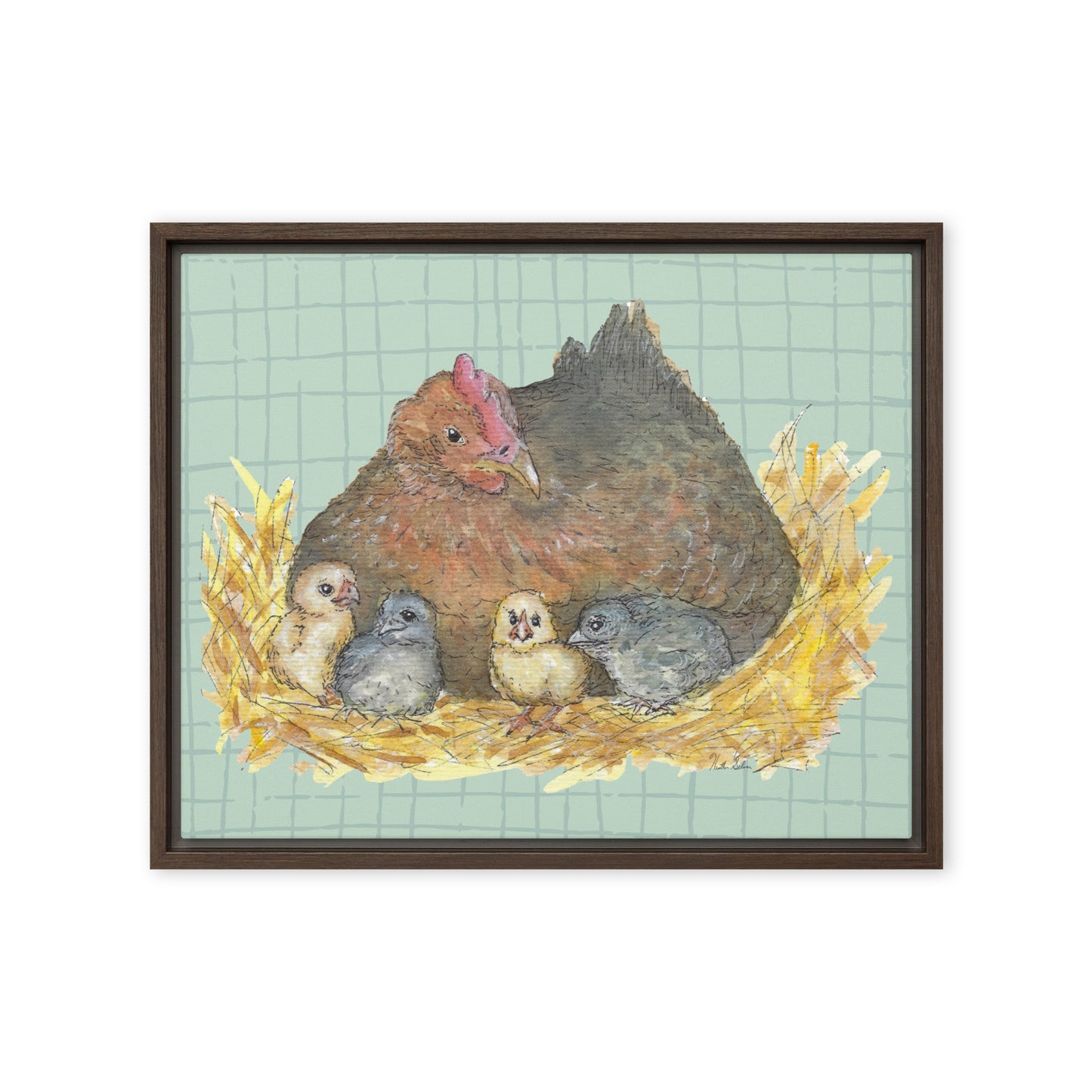 16 by 20 inch Mother Hen Floating Frame Canvas Wall Art. Heather Silver's watercolor painting, Mother Hen, with a green crosshatched background, printed on a stretched canvas and framed with a dark brown pine frame. Hanging hardware included.