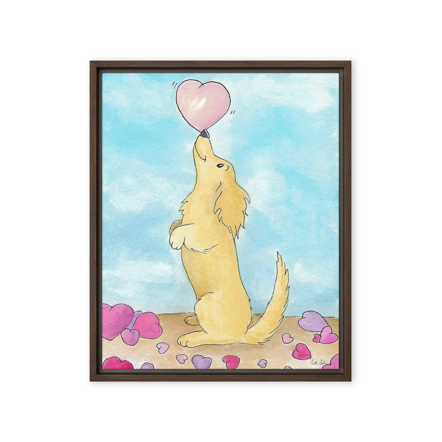 16 by 20 inch framed canvas Puppy Love print. The canvas is in a brown pine wood frame.