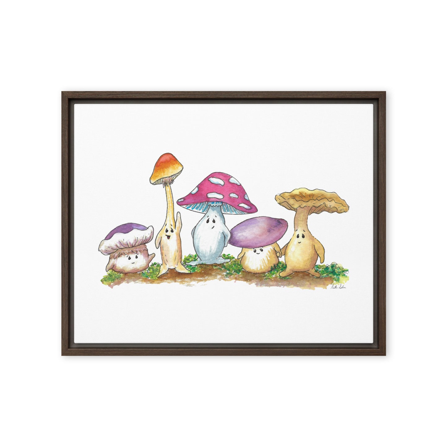 16 by 20 inch canvas print of Heather Silver's watercolor painting, Mushy and Friends. Framed in a dark brown pine wood frame that gives it a floating canvas effect.