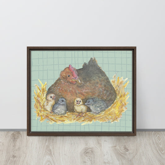 16 by 20 inch Mother Hen Floating Frame Canvas Wall Art. Heather Silver's watercolor painting, Mother Hen, with a green crosshatched background, printed on a stretched canvas and framed with a dark brown pine frame. Shown leaning against wall.