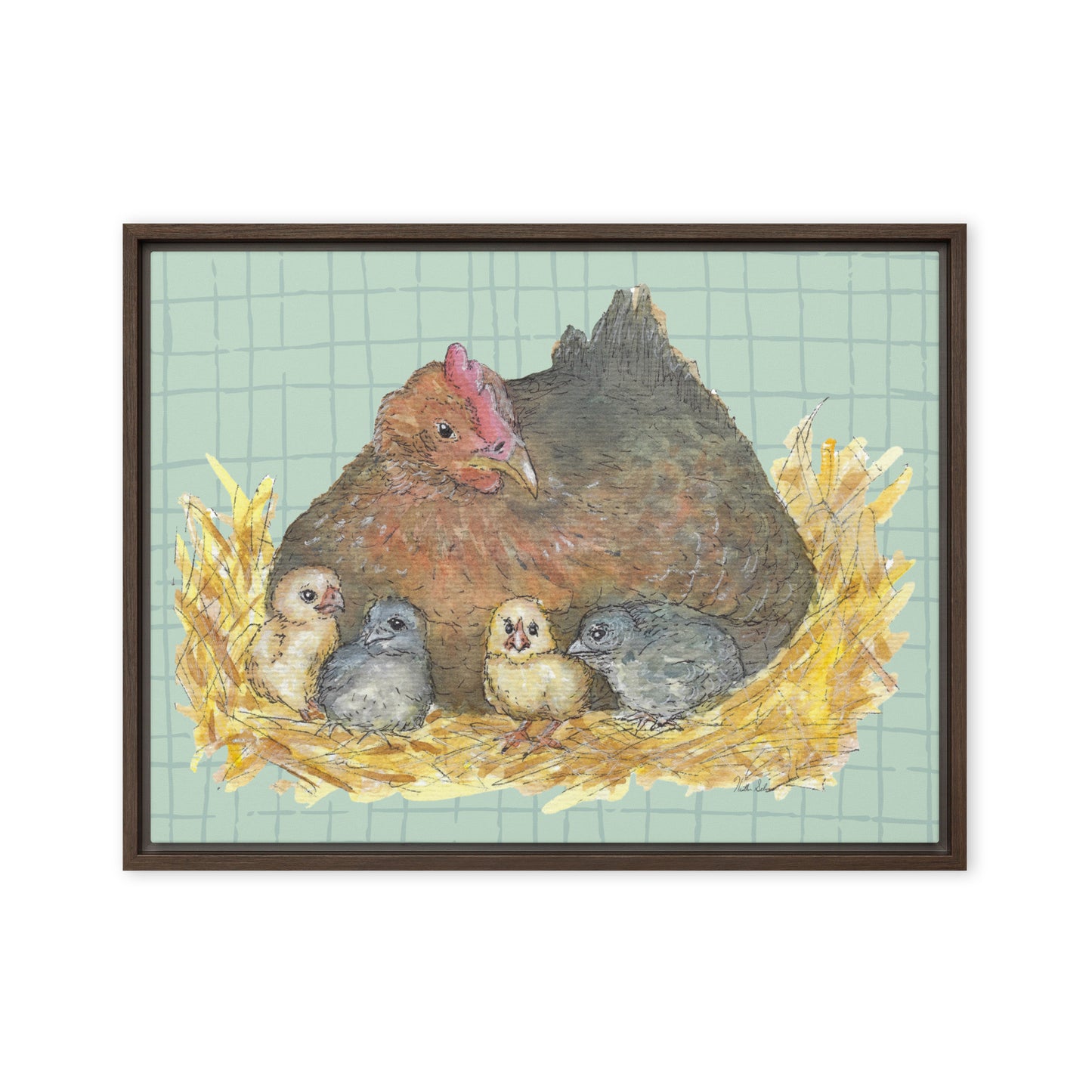 18 by 24 inch Mother Hen Floating Frame Canvas Wall Art. Heather Silver's watercolor painting, Mother Hen, with a green crosshatched background, printed on a stretched canvas and framed with a dark brown pine frame. Hanging hardware included.