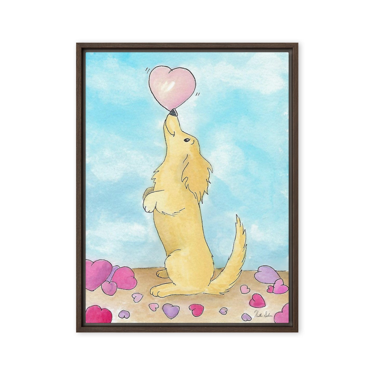 18 by 24 inch framed canvas Puppy Love print. The canvas is in a brown pine wood frame.