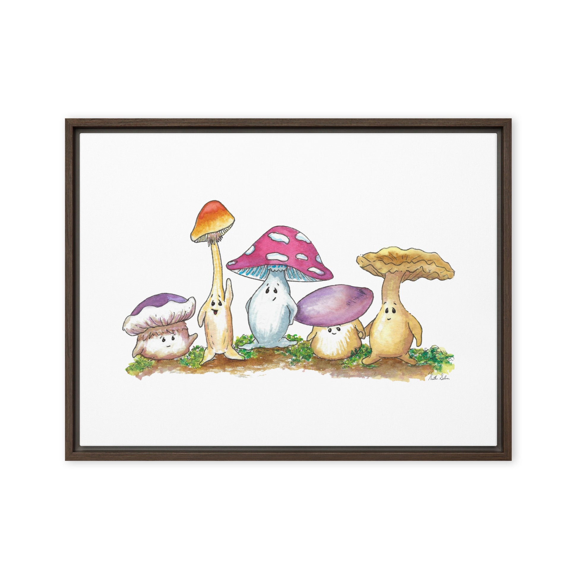 18 by 24 inch canvas print of Heather Silver's watercolor painting, Mushy and Friends. Framed in a dark brown pine wood frame that gives it a floating canvas effect.