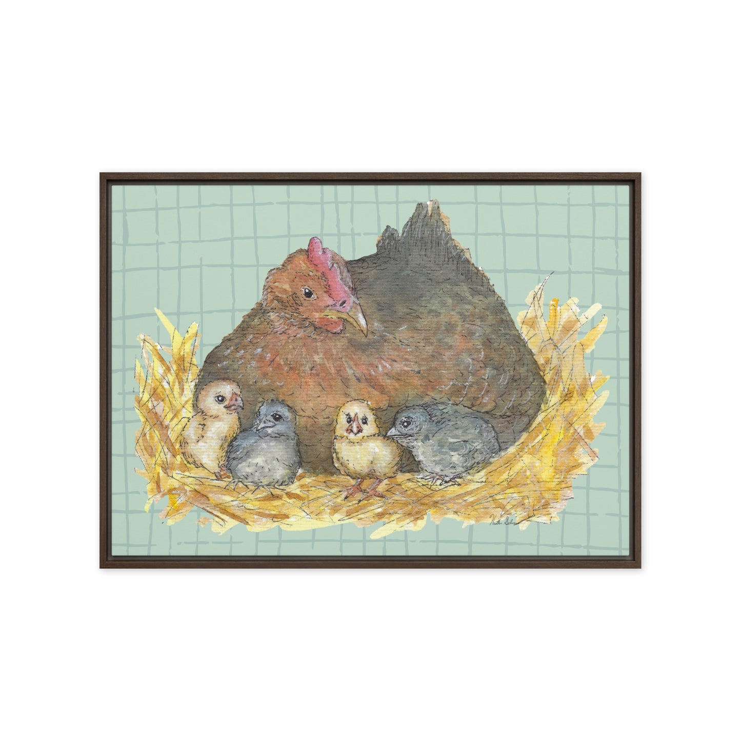 20 by 28 inch Mother Hen Floating Frame Canvas Wall Art. Heather Silver's watercolor painting, Mother Hen, with a green crosshatched background, printed on a stretched canvas and framed with a dark brown pine frame. Hanging hardware included.